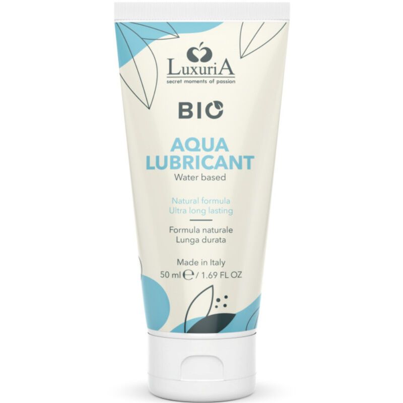 Tube mit Produktaufschrift BIO Aqua Lubricant. Blaue und schwarze grafische Elemente. 50 ml.