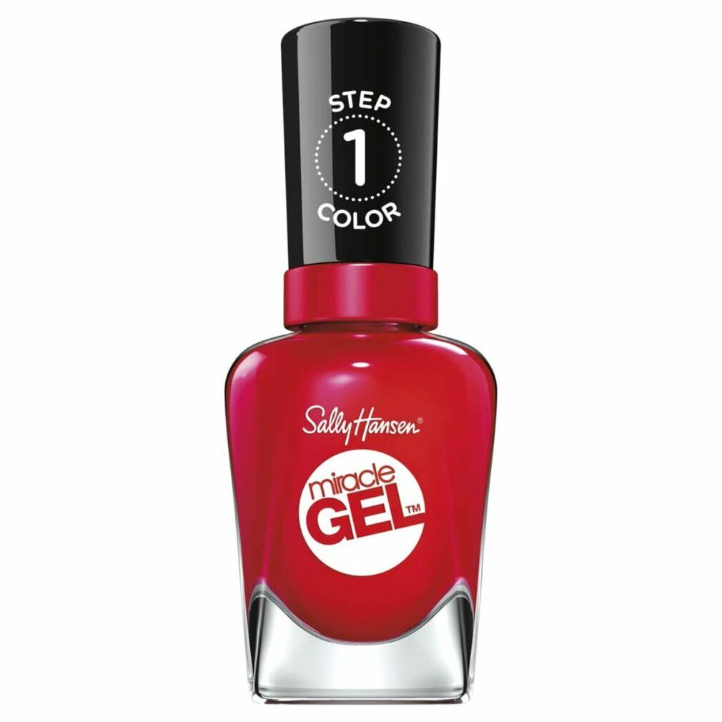 Roter Nagellack in einer Flasche. Schwarzer Deckel mit weißem Text. Auf der Flasche steht "Sally Hansen Miracle Gel".