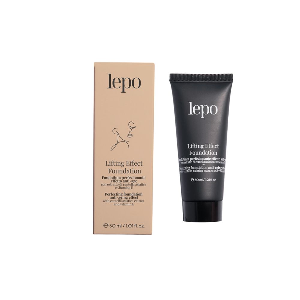 LEPO Lifting Effect Foundation. Un tubo nero e una confezione beige sono affiancati. Il tubo contiene 30 ml di fondotinta. La confezione mostra il marchio, il nome del prodotto e gli ingredienti.