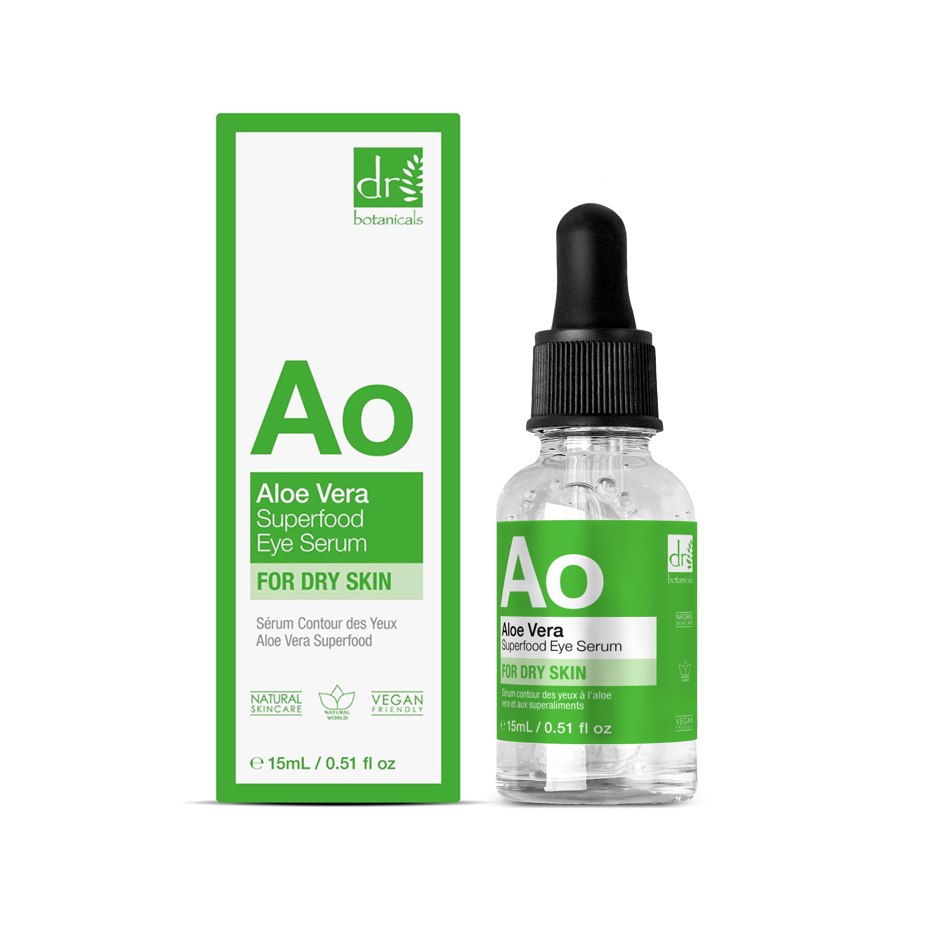 Produktflasche und Schachtel. Flasche mit Pipette, grünes Etikett. Schachtel mit grünem Design und Text: Aloe Vera Superfood Eye Serum.