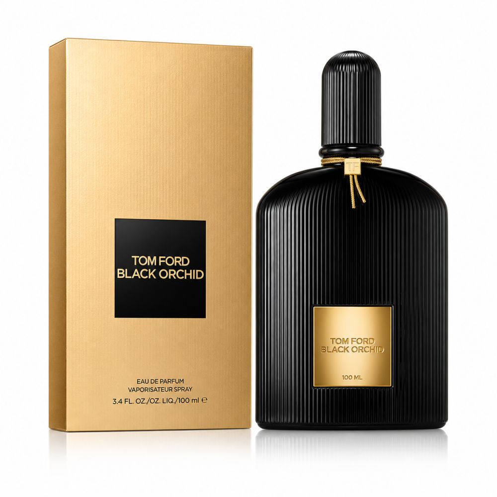 Tom Ford Black Orchid Eau de Parfum Flasche und goldene Verpackung.