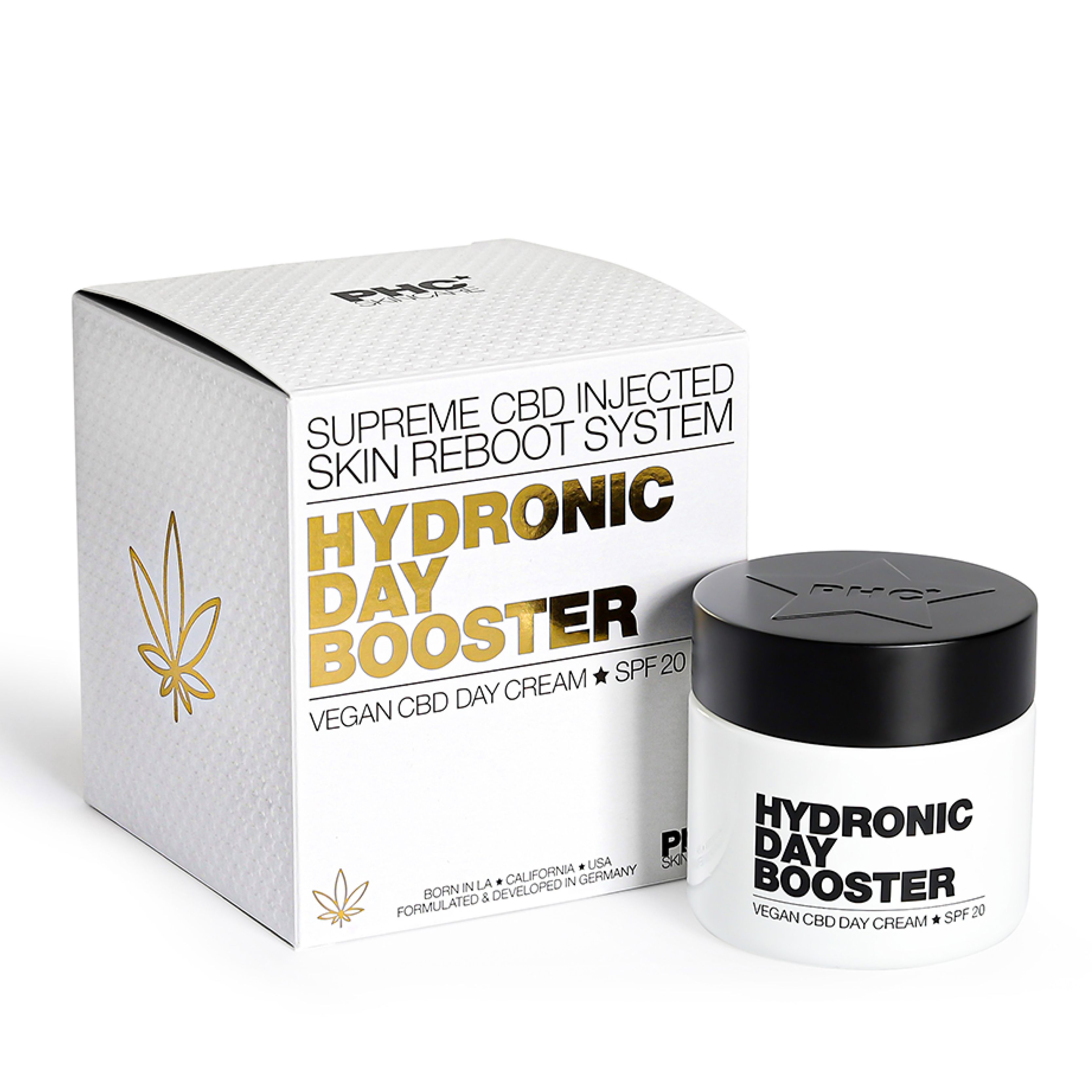 Produktverpackung und Tiegel. Verpackung mit Aufschrift: HYDRONIC DAY BOOSTER, VEGAN CBD DAY CREAM + SPF 20. Tiegel mit schwarzem Deckel.