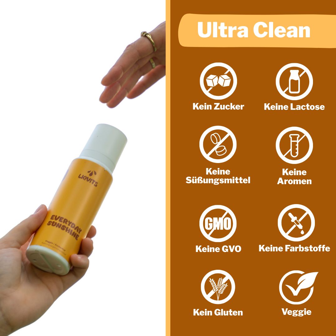 Gelbe Flasche wird gereicht. Aufschrift: Everyday Sunshine. Symbole: Kein Zucker, keine Laktose, etc.