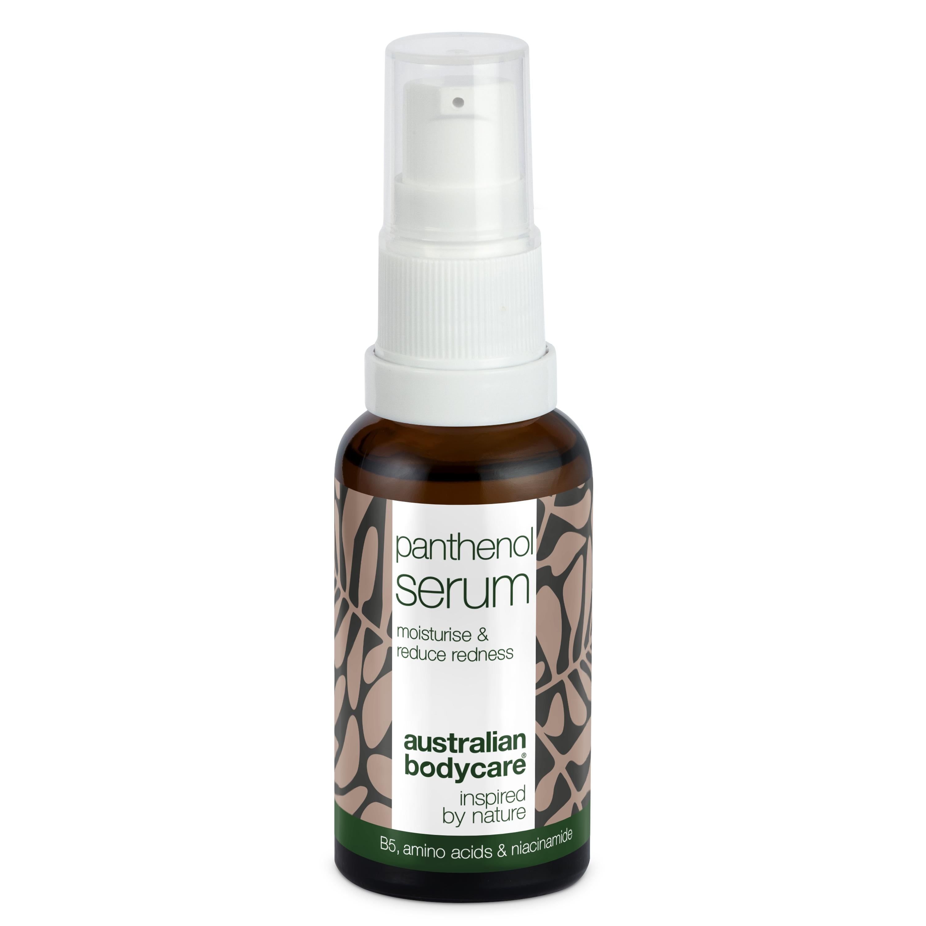 Braune Flasche mit weißem Pumpkopf. Aufschrift: Panthenol Serum, Australian Bodycare.