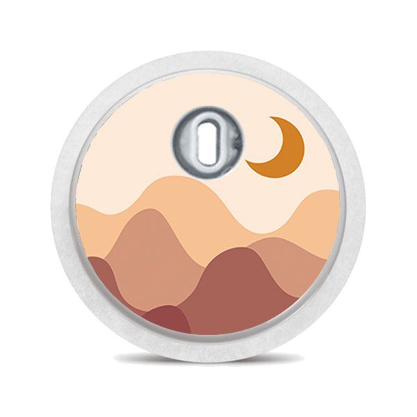 Runder Aufkleber mit Mond und Berglandschaft. Beige, braune Farbtöne. Für medizinische Geräte.
