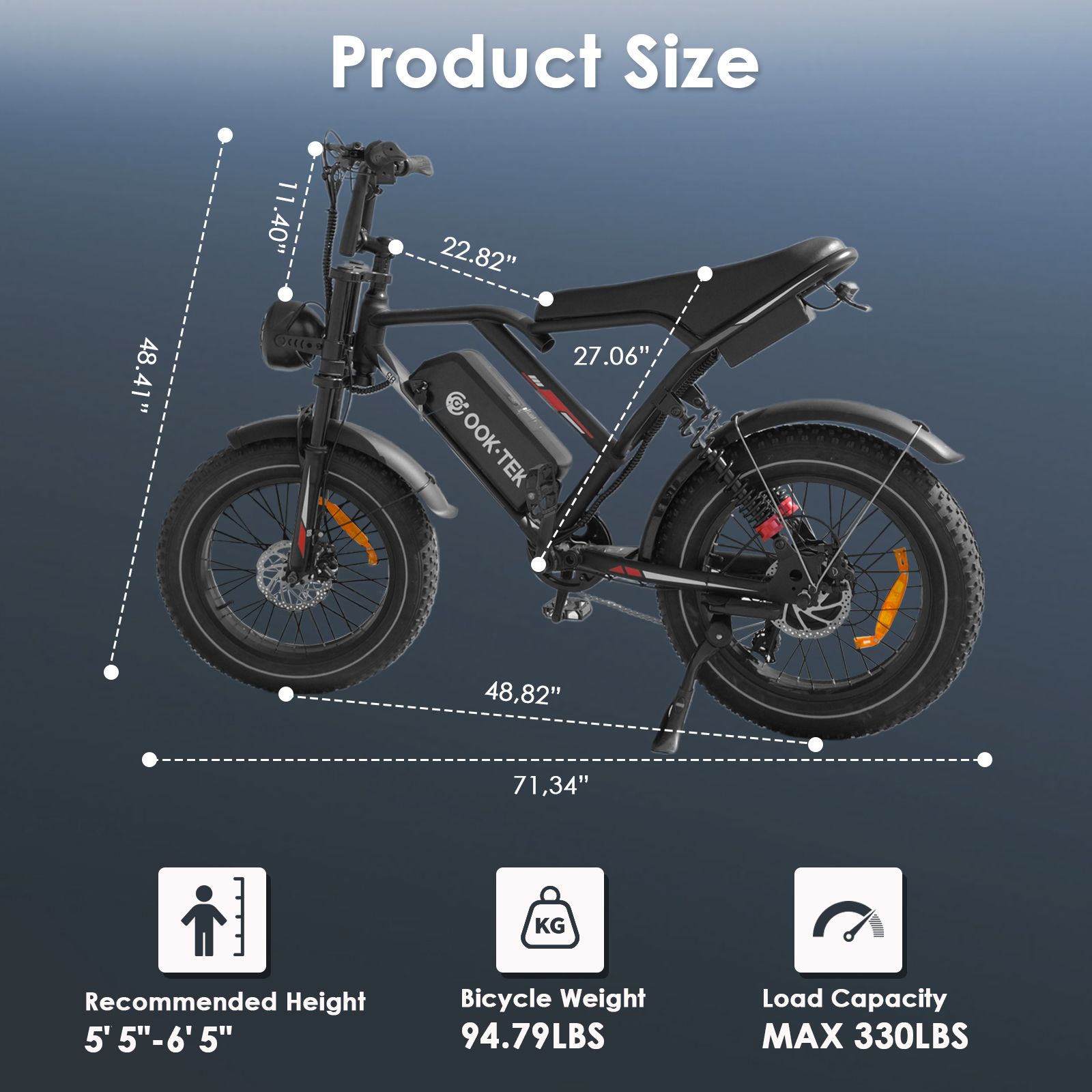 Elektrofahrrad mit Größenangaben. Abmessungen in Zoll. Empfohlene Körpergröße, Fahrradgewicht, maximale Belastung.
