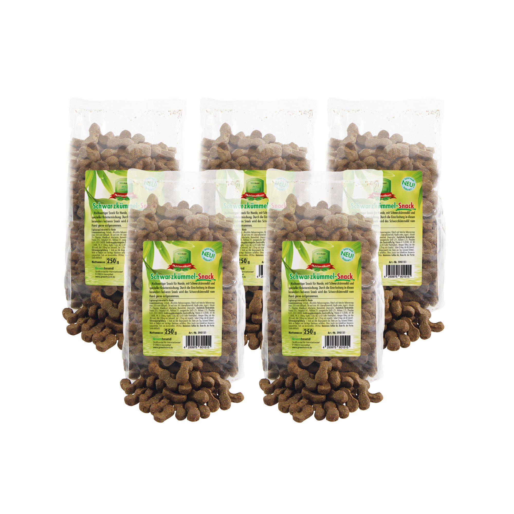 Mehrere Beutel Hundesnack, transparent verpackt, mit Produktinformationen. Der Snack ist braun und in Knochenform.