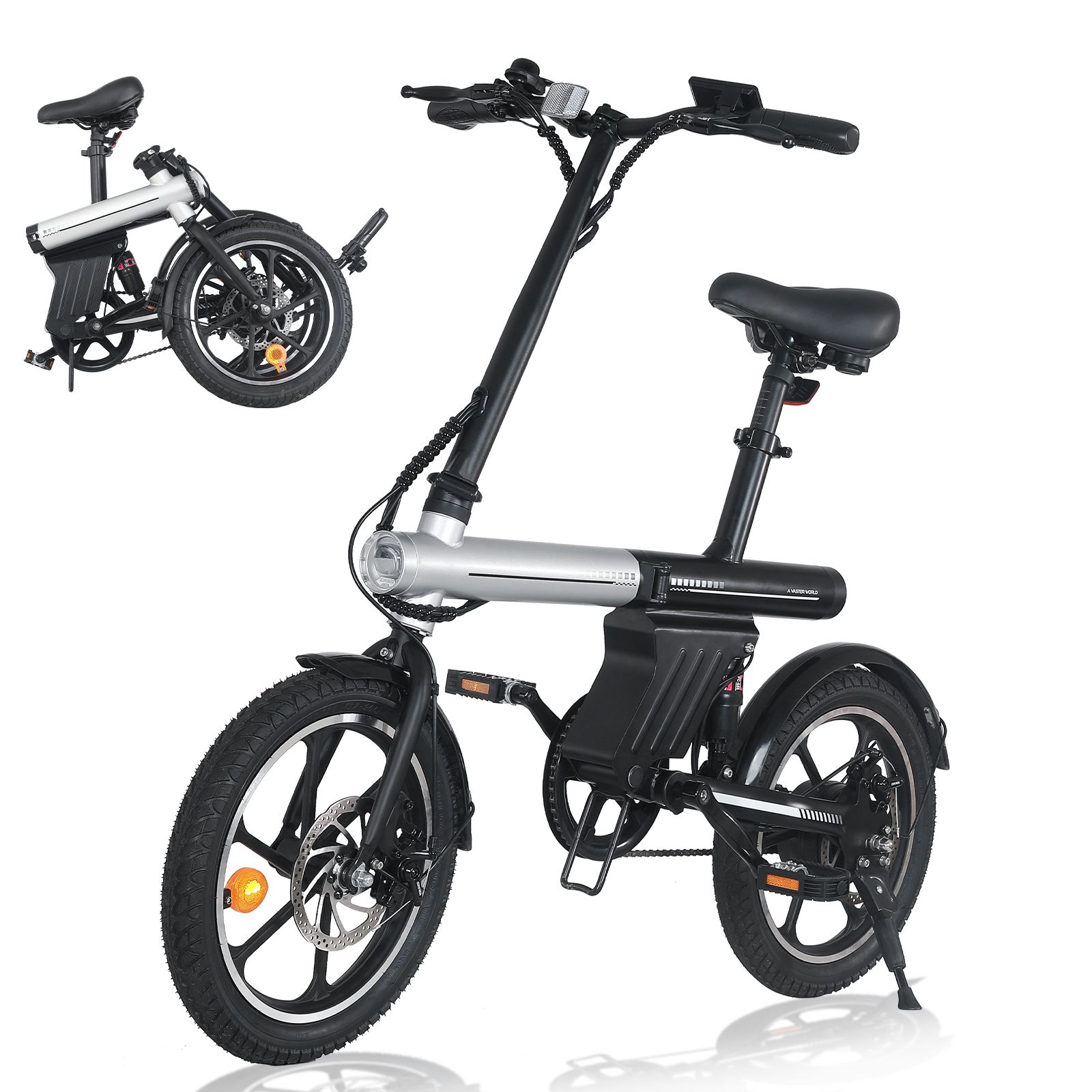 Faltbares E-Bike, schwarz-silber, mit Zubehör: Schloss und Pumpe. Scheibenbremsen, 16 Zoll Räder.
