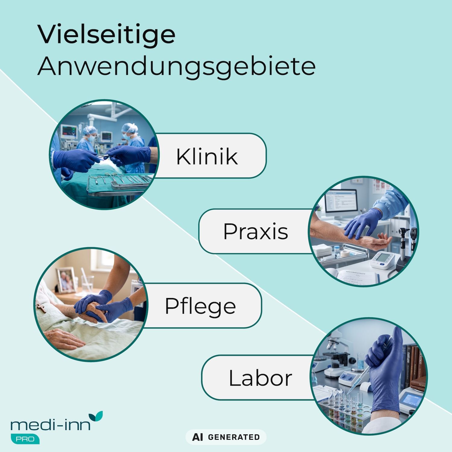 Collage von Anwendungen für blaue Nitril-Einmalhandschuhe: Klinik, Praxis, Pflege, Labor.