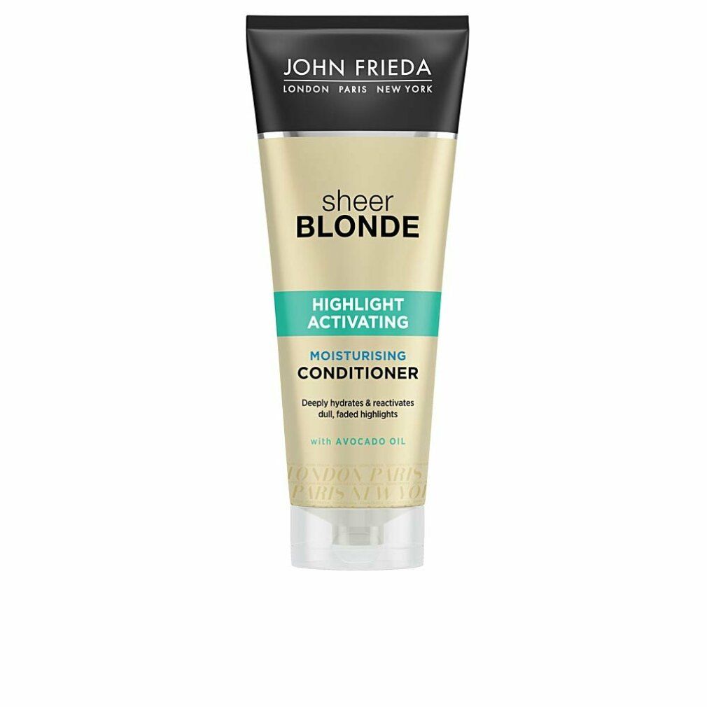 John Frieda Sheer Blonde Conditioner. Tube mit schwarzem Deckel und hellgelbem Körper. Text: Sheer Blonde, Highlight Activating, Moisturising Conditioner.