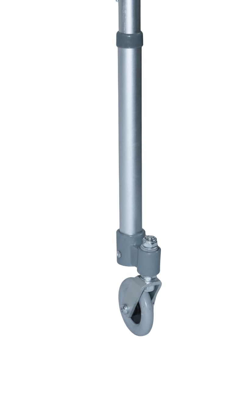 Detailansicht eines Rollator-Beins mit Rad. Graues Rad und verstellbares Bein.