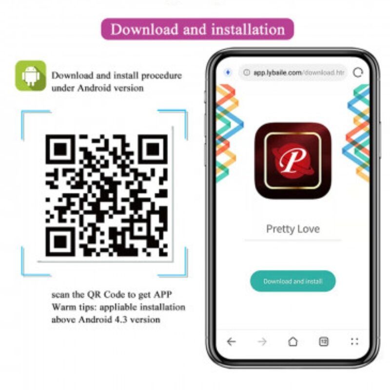 Smartphone-Bildschirm mit QR-Code und App-Logo. Text: Pretty Love. QR-Code zum Scannen für App-Download.