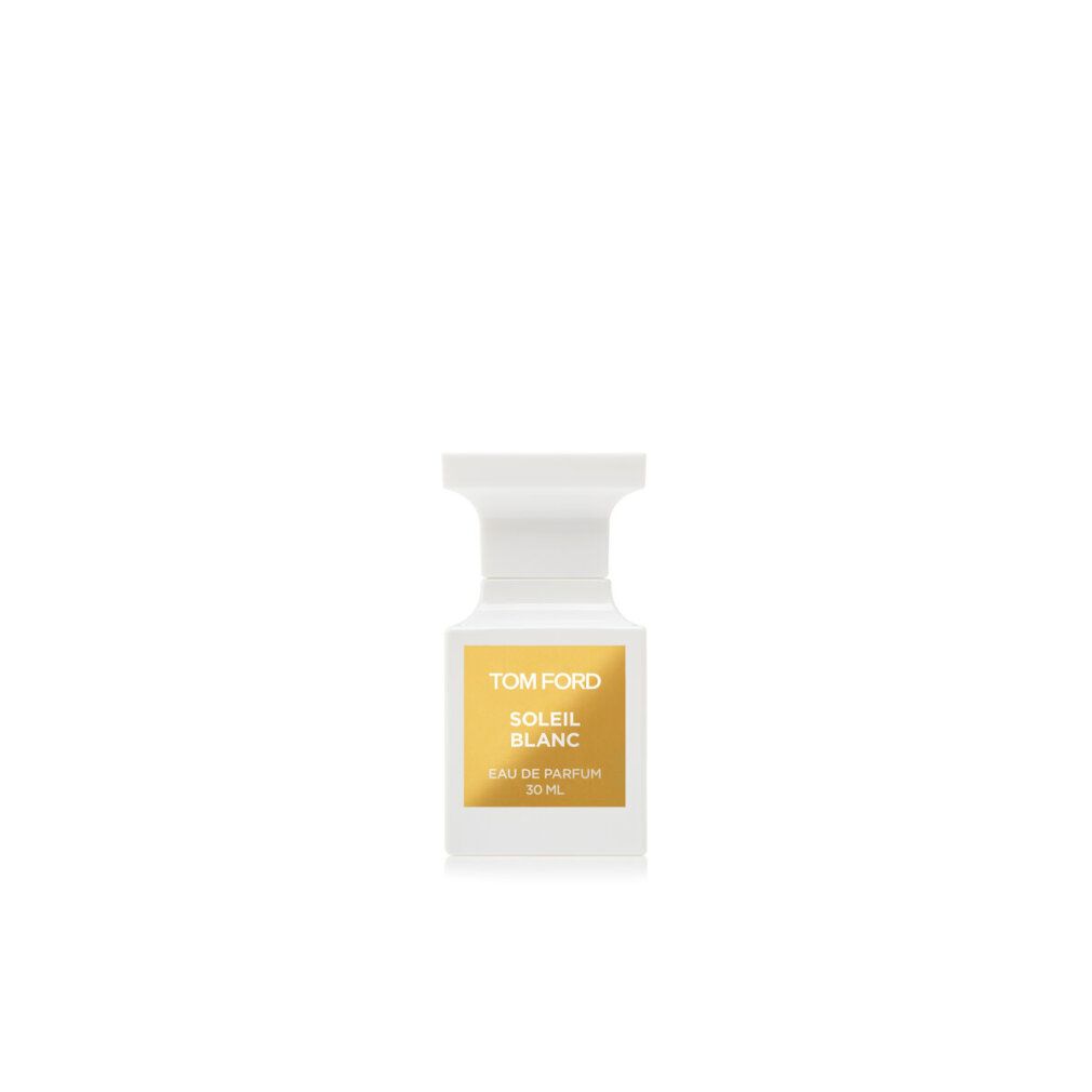Weiße Flasche mit goldfarbenem Etikett. Aufschrift: Tom Ford Soleil Blanc Eau de Parfum 30 ml. Weißer Verschluss.