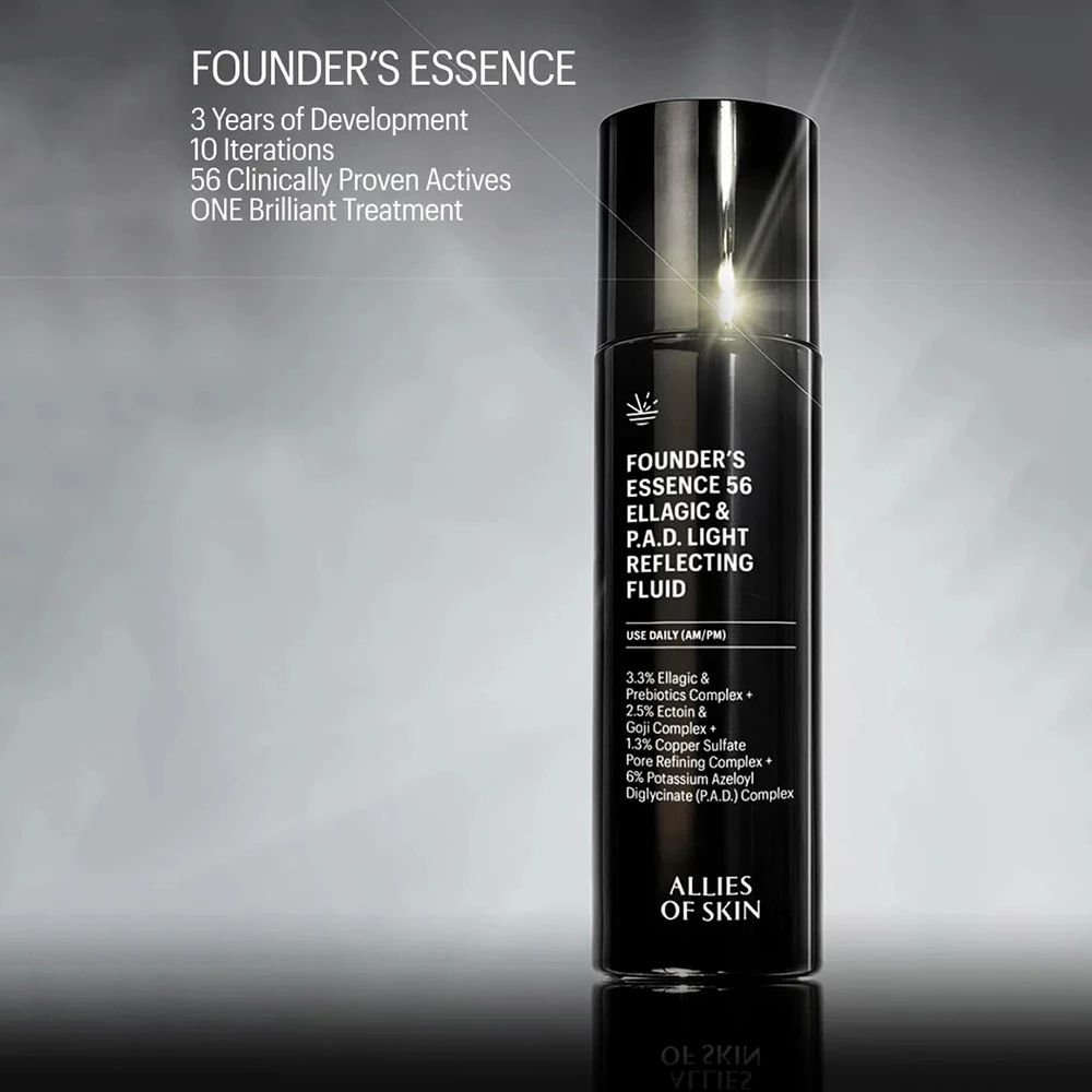 Schwarze Flasche mit goldener Schrift: Founder's Essence 56 Ellagic & P.A.D. Light Reflecting Fluid.