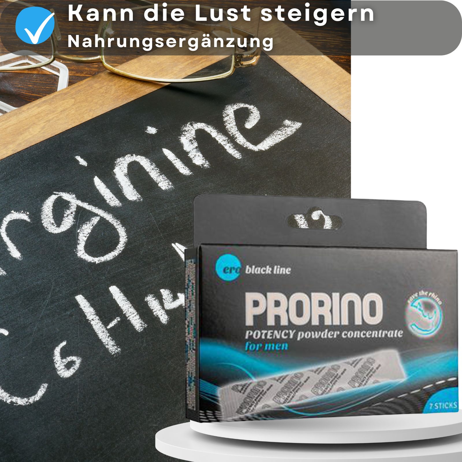 Produktverpackung PRORINO. Text: Kann die Lust steigern, Nahrungsergänzung. Tafel mit Text.