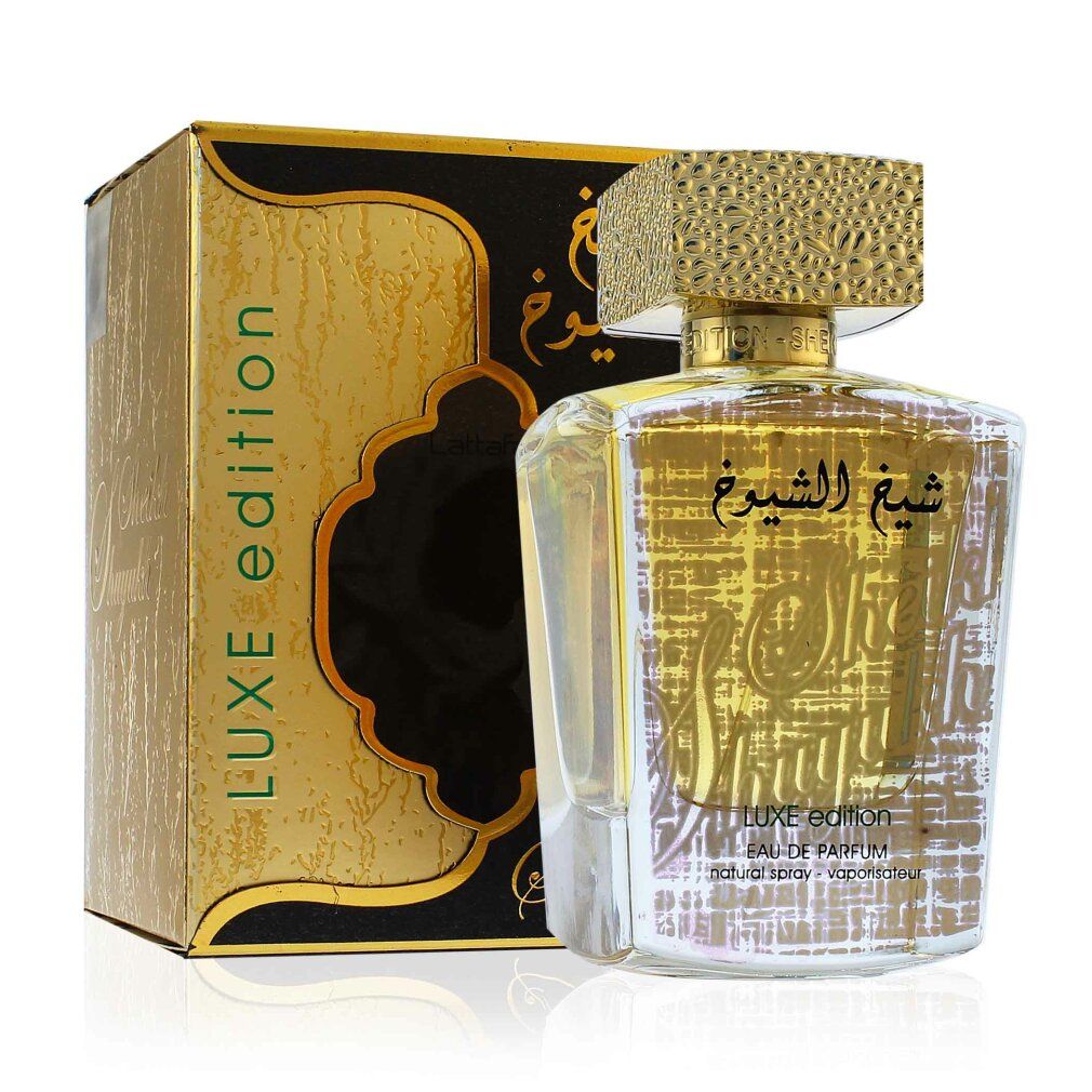 Goldfarbener Flakon mit goldener Kappe und Karton. Aufschrift: Luxe Edition, arabische Schriftzeichen.