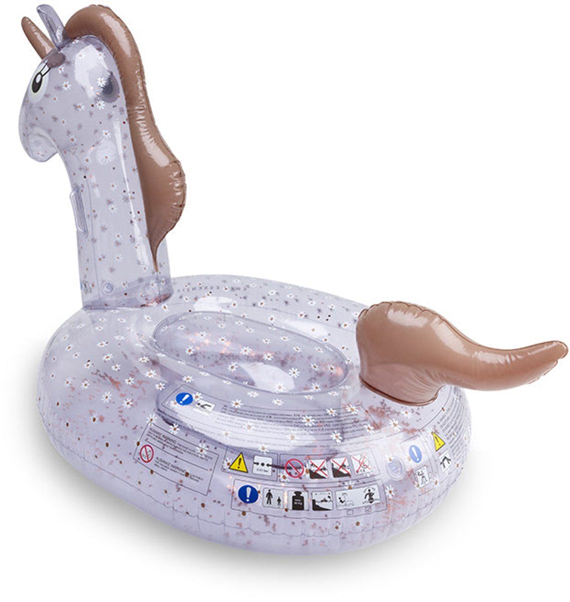 Aufblasbarer Schwimmring in Einhornform, transparent mit Glitzer und Blumenmuster. Braune Mähne und Schwanz.