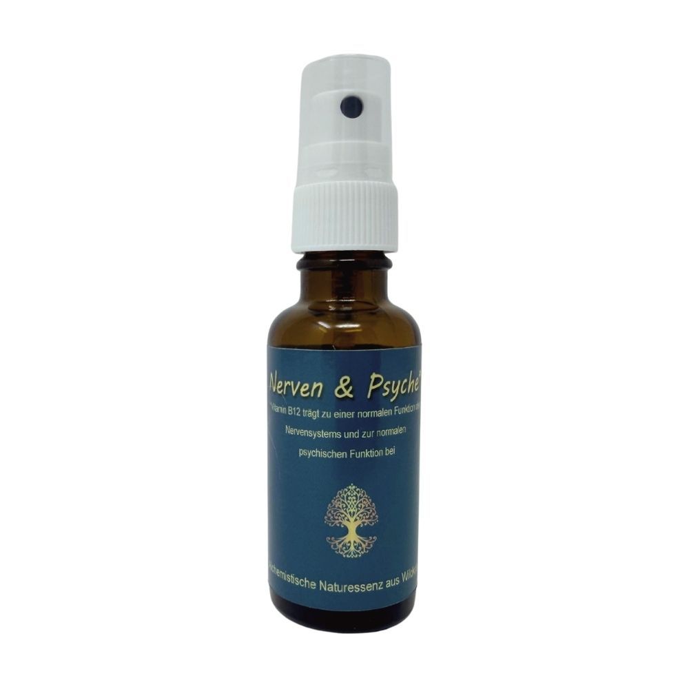Braune Sprühflasche mit blauem Etikett und goldener Baumgrafik. Beschriftung: Nerven & Psyche.