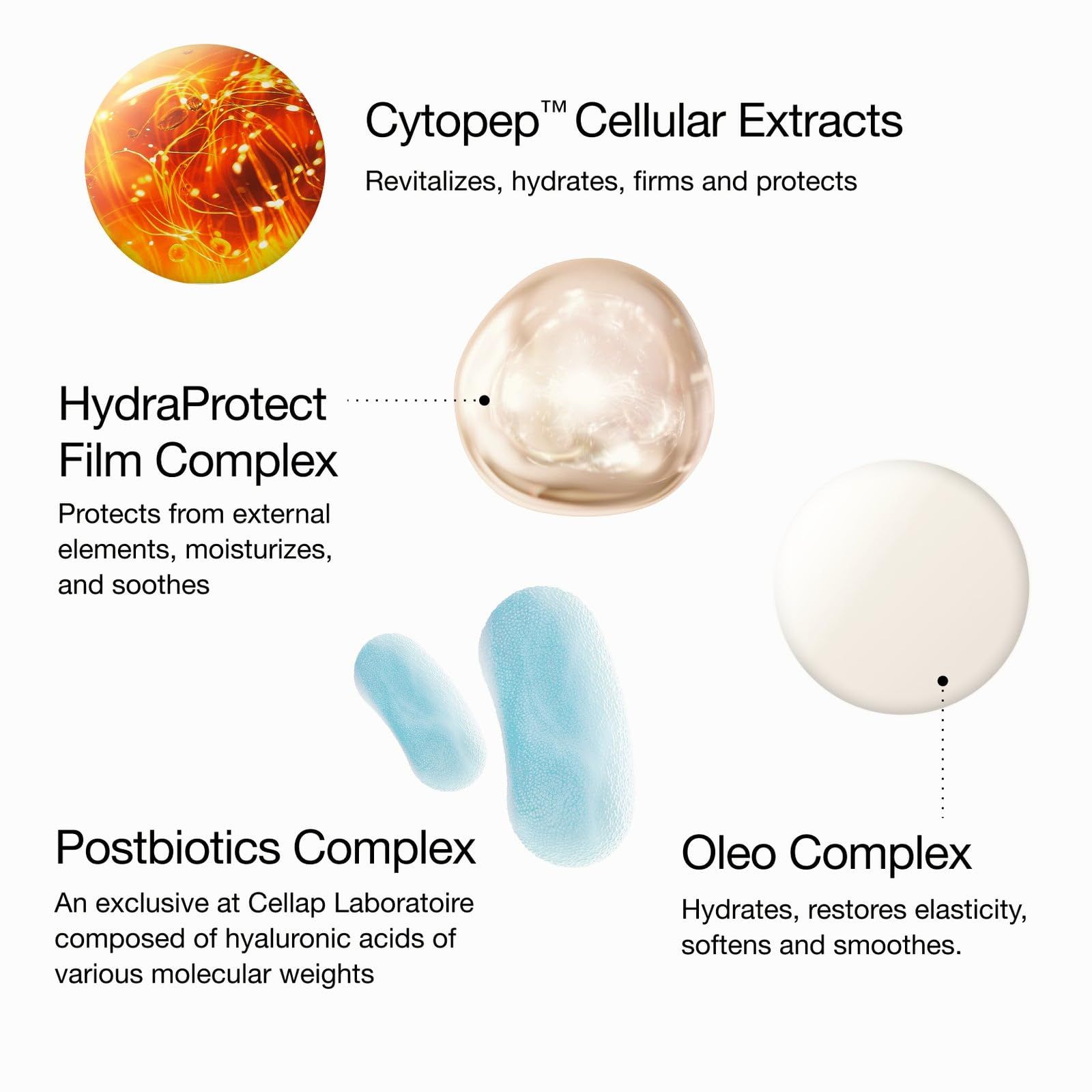 Grafik mit Inhaltsstoffen: Cytopet Cellular Extracts, HydraProtect Film Complex, Postbiotics Complex, Oleo Complex. Farbige Tropfen.