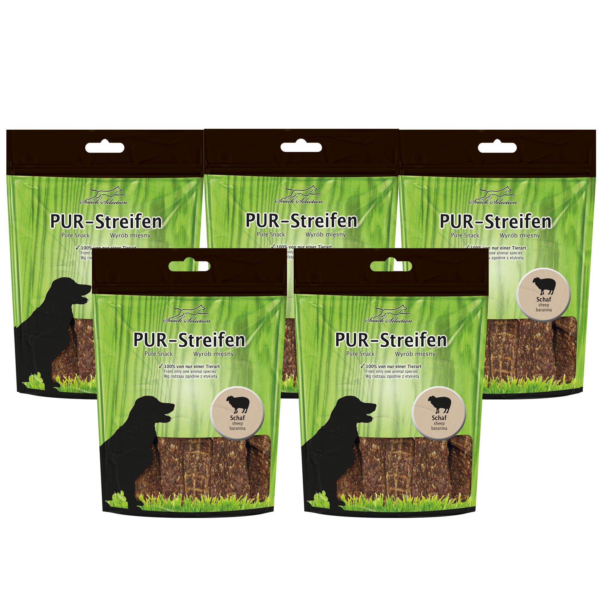Mehrere Packungen Schecker Dörfleisch - PUR Kaustreifen. Grün-braune Verpackung, schwarze Hunde-Silhouette, runde Aufkleber mit Schaf-Symbol.