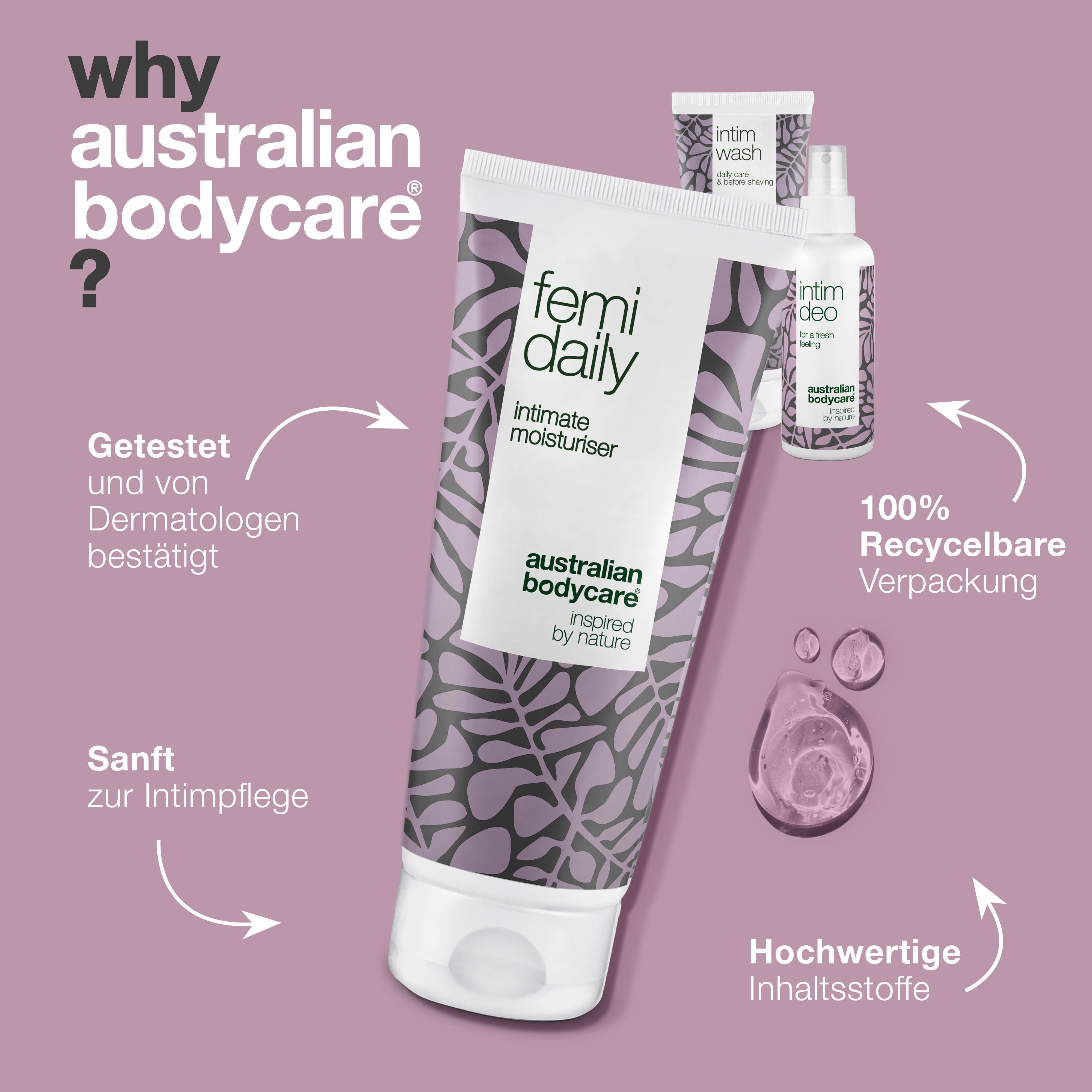 Drei Produkte: Femi Daily, Intim Wash, Intim Deo. Text: Australian Bodycare. Text: Getestet und von Dermatologen bestätigt. 100% recycelbar.