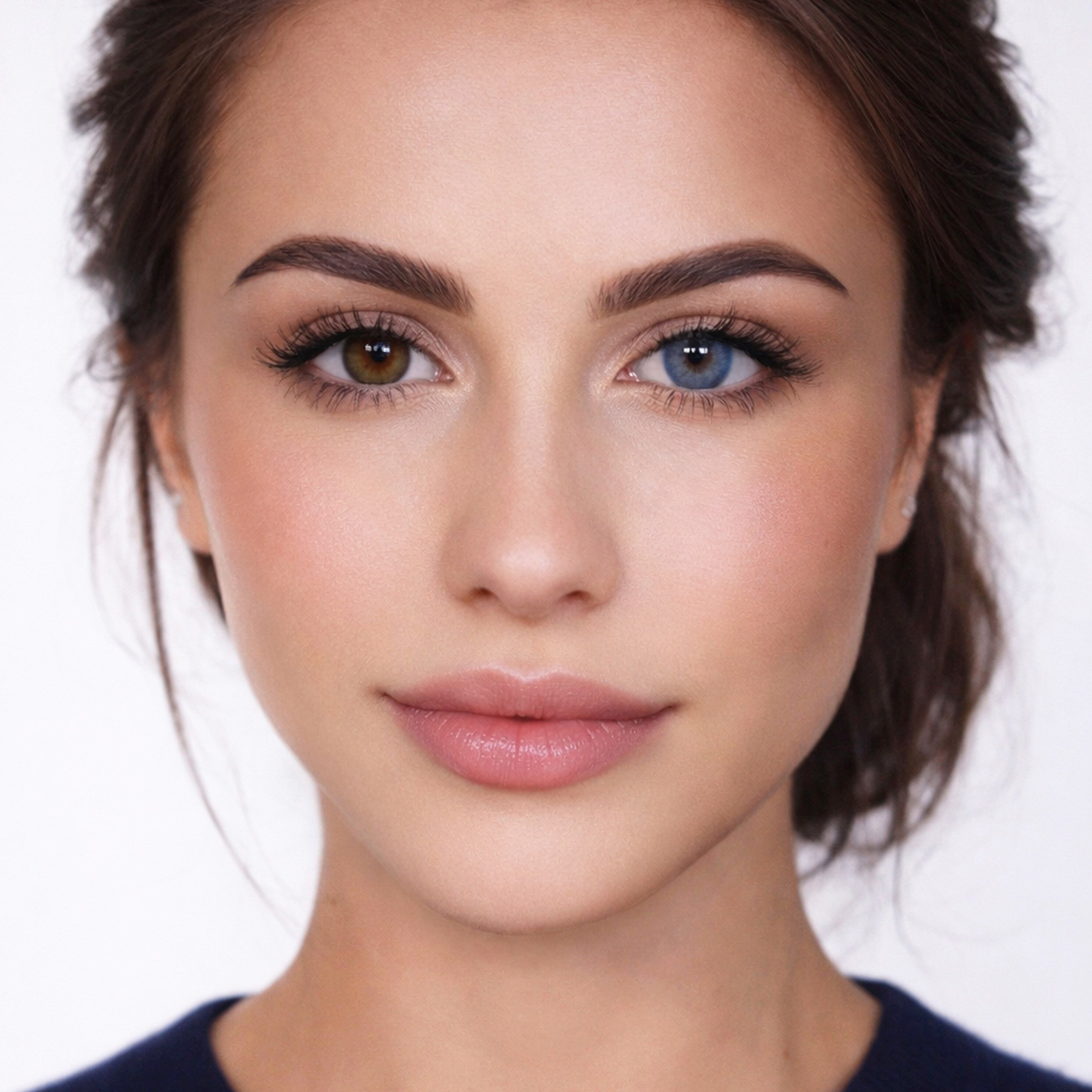 Porträt einer Frau mit zwei verschiedenfarbigen Augen. Ein Auge braun, das andere blau.