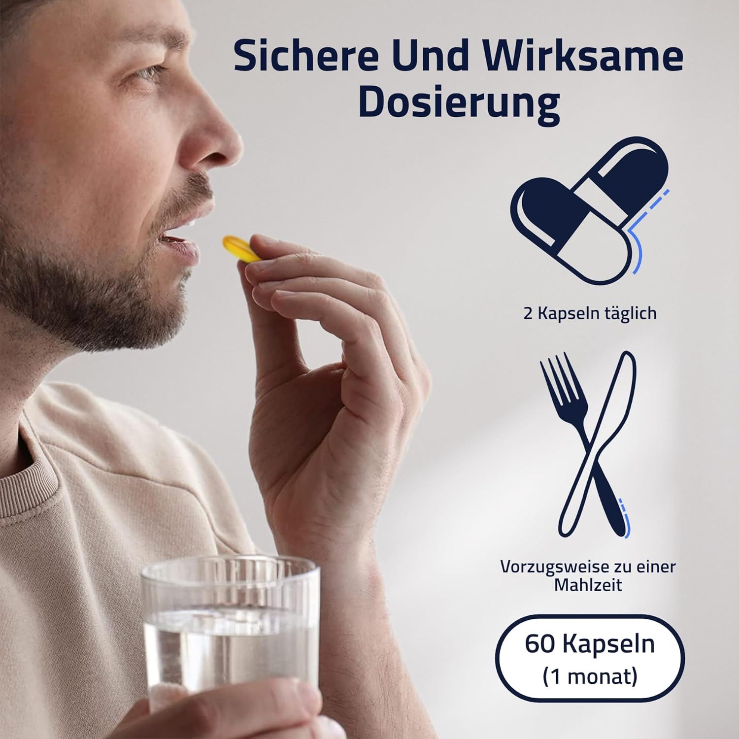 Mann nimmt eine gelbe Kapsel ein. Text: Sichere und wirksame Dosierung. Abbildung: 2 Kapseln täglich, zu einer Mahlzeit.