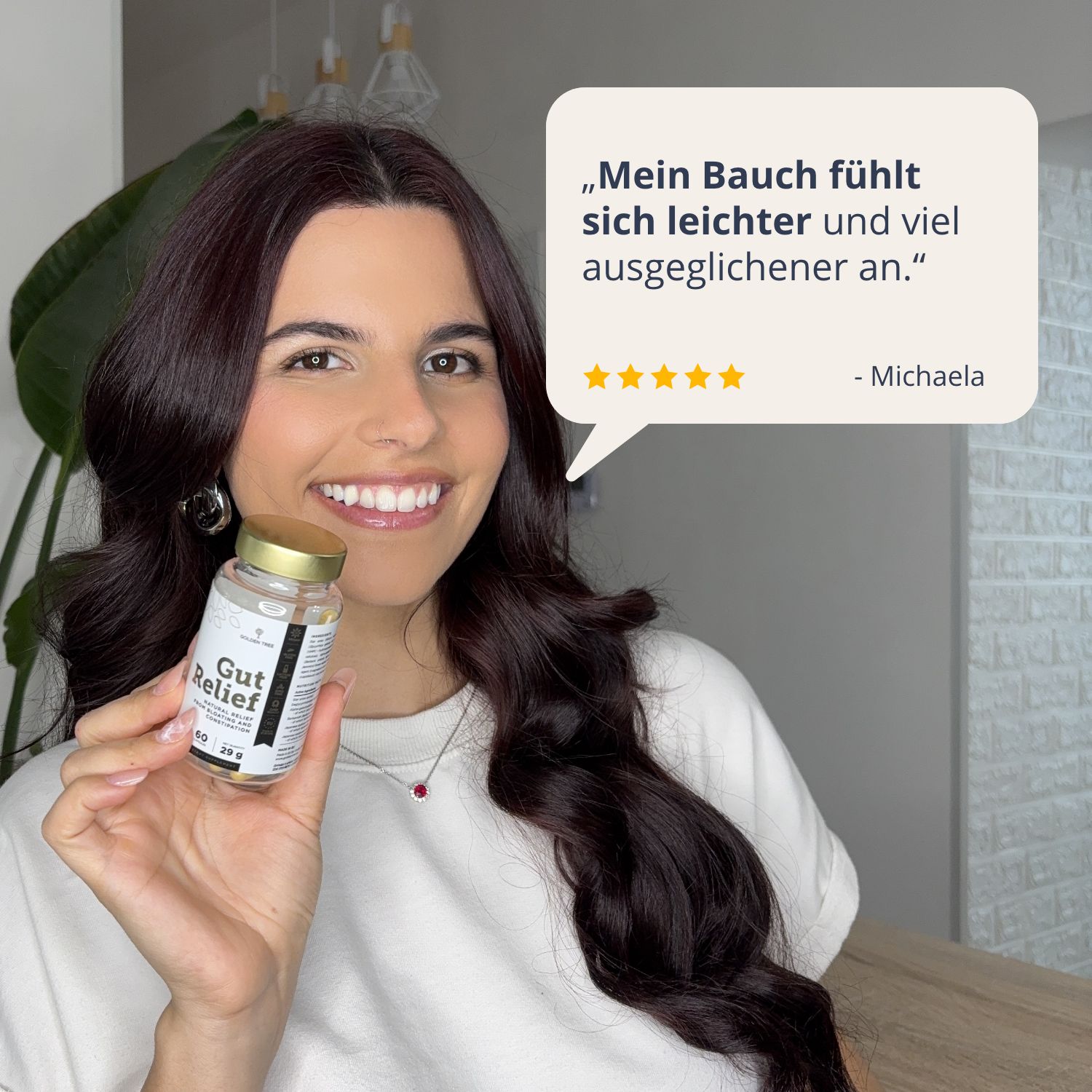 Flasche Golden Tree Gut Relief Kapseln, 60 Stück, 29g. Mit Sternanis und Blättern.