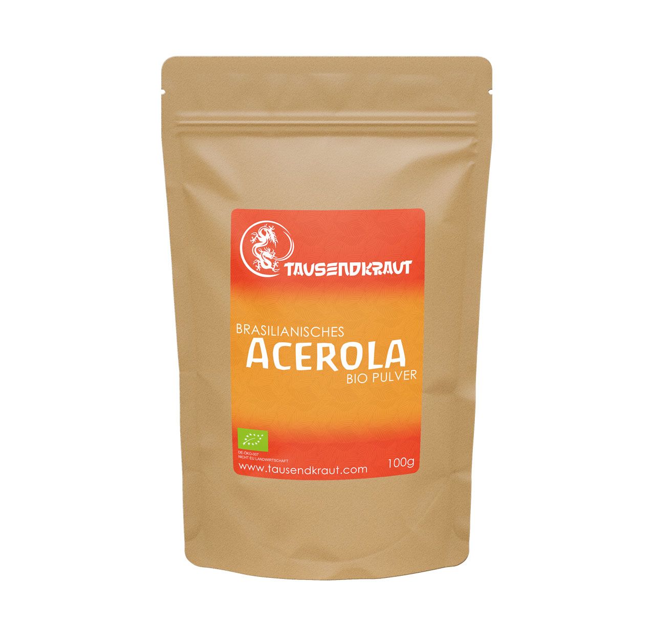 Beutel mit rotem Etikett. Aufschrift: Tausendkraut, Acerola Bio Pulver, 100g. Bio-Siegel.