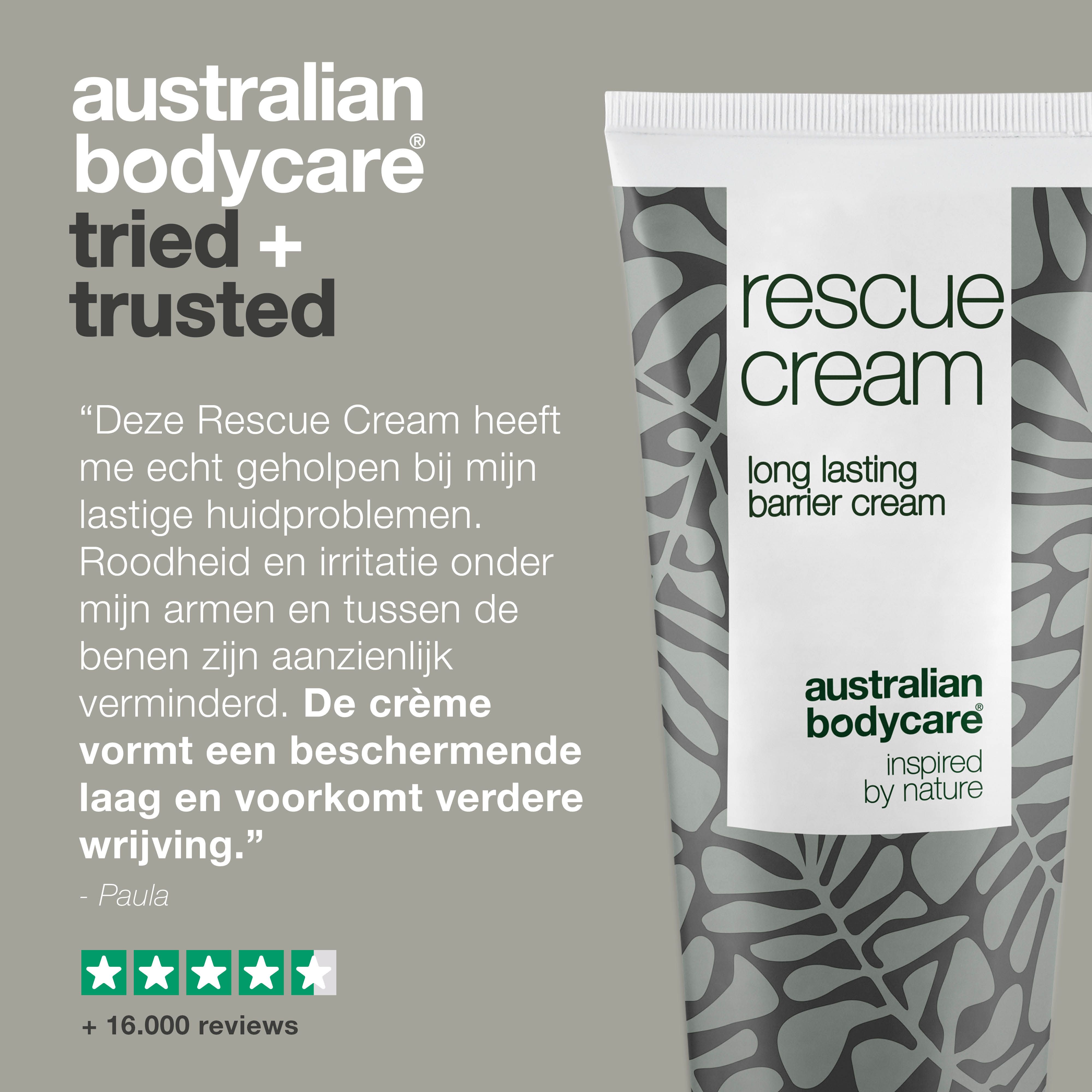 Tube crème en tekst. Opschrift: rescue cream, long lasting barrier cream. Merk: Australian Bodycare.