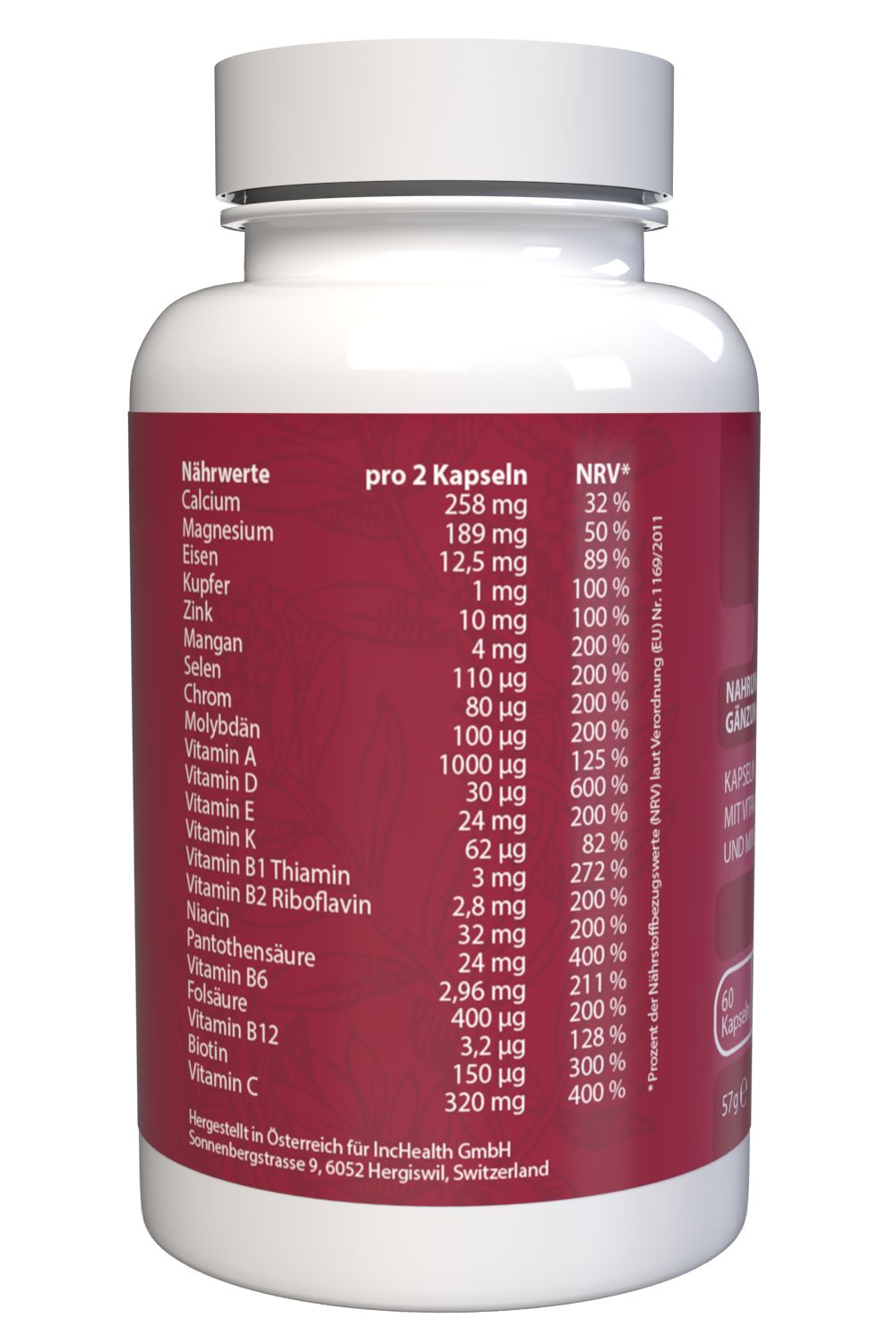 Weiße Kapsel-Dose mit rotem Etikett. Nährwerttabelle mit Vitaminen und Mineralien. Text: "pro 2 Kapseln" und "NRV%".