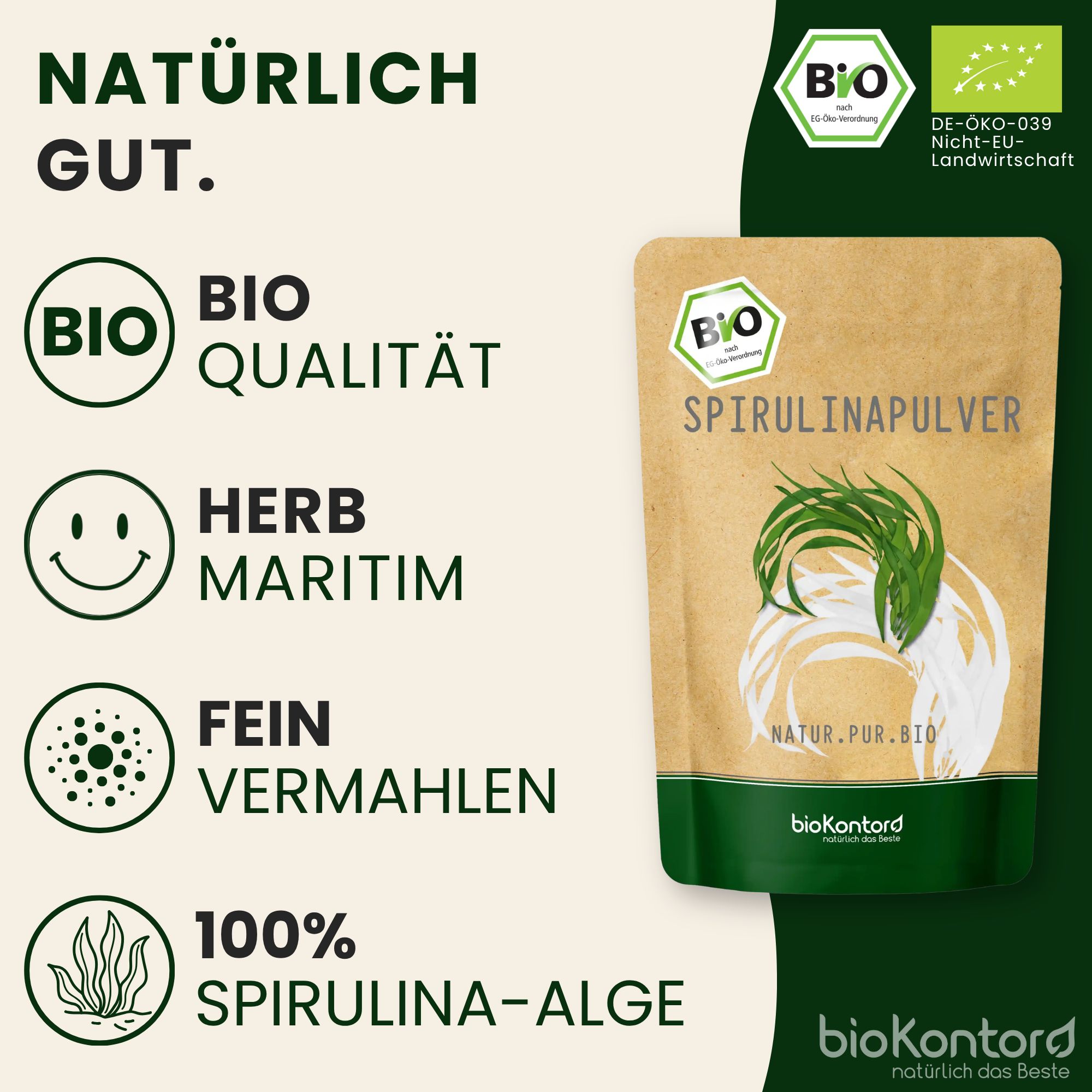 Bio-Spirulinapulver mit Siegeln für Bio-Qualität, Kräutermaritim und feine Vermahlung.