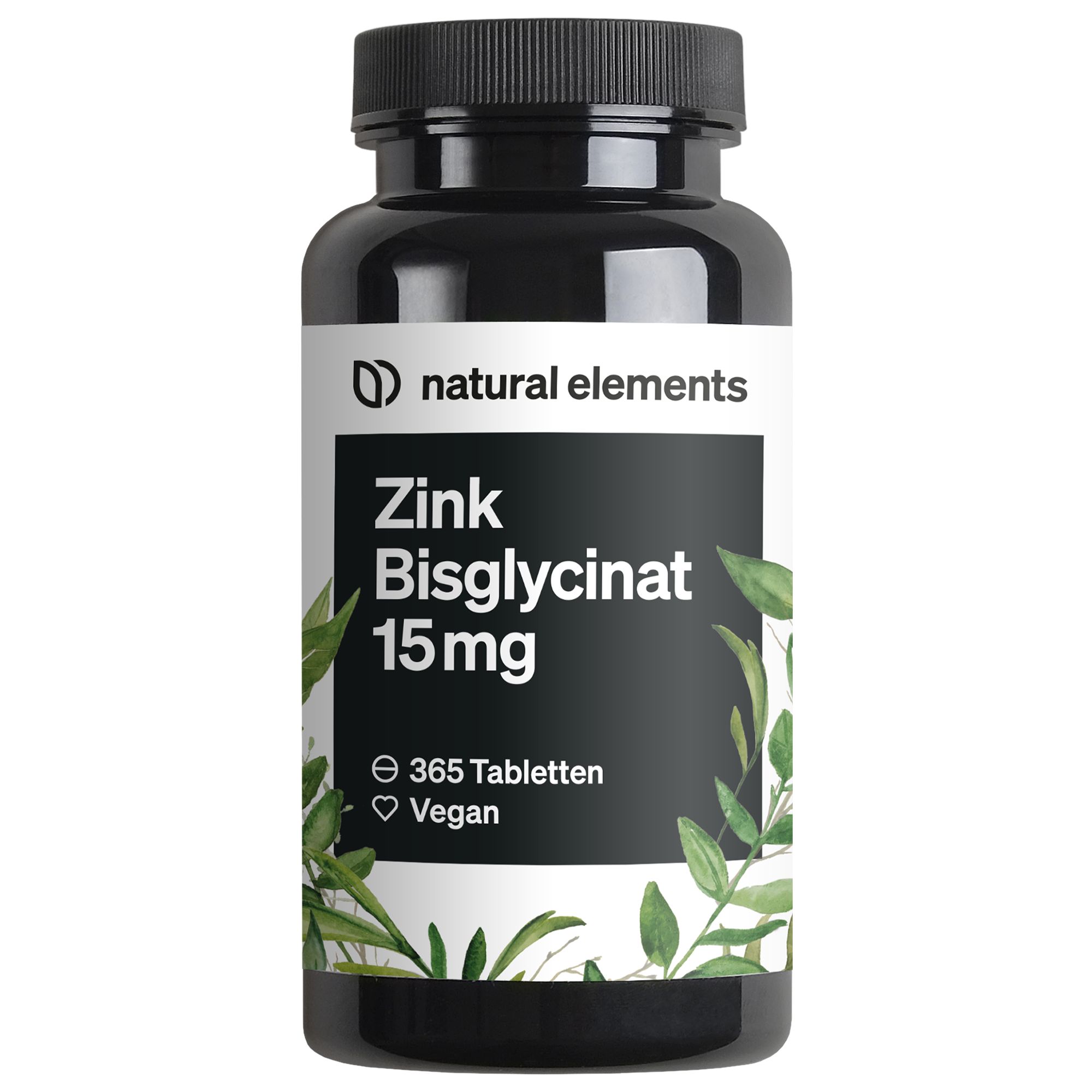 Schwarze Flasche mit "natural elements Zink Bisglycinat 15mg". 365 Tabletten, vegan. Weißes Etikett mit grünen Blättern.