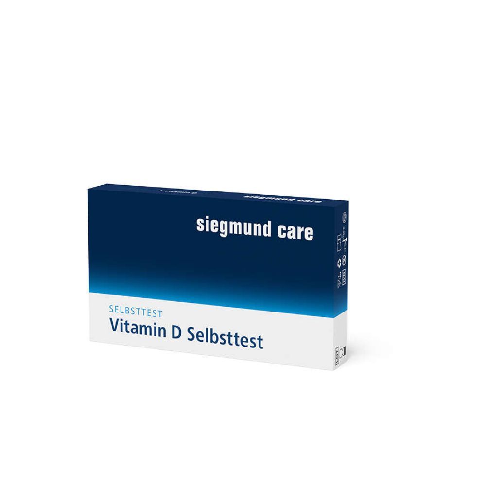 Blau-weiße Schachtel mit "siegmund care" und "Vitamin D Selbsttest" Aufdruck. Eckige Form, diagonale Ansicht.