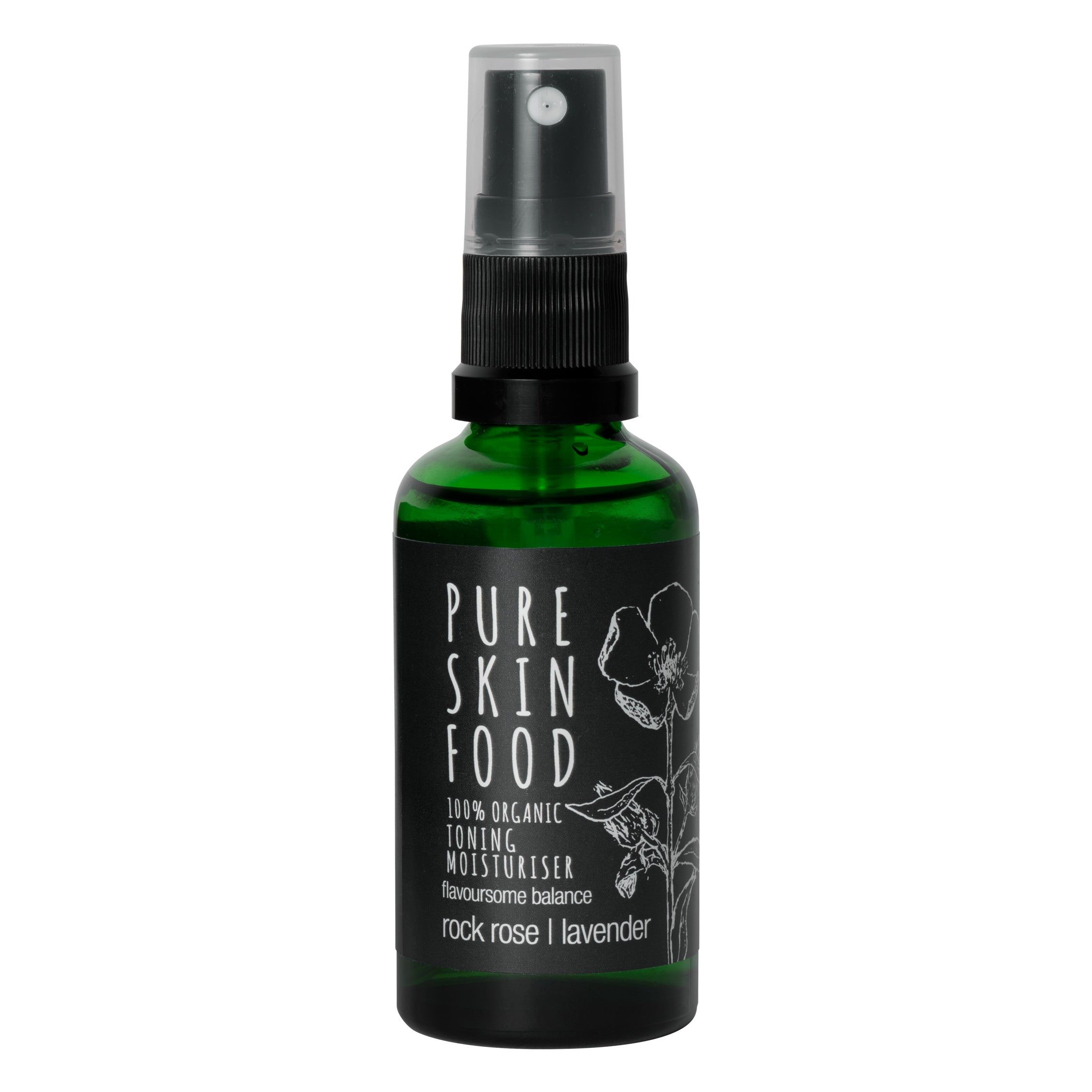 Grüne Glasflasche mit schwarzem Etikett. Aufschrift: Pure Skin Food, 100% Organic Toning Moisturiser, Rock Rose, Lavender. Mit Sprühkopf.