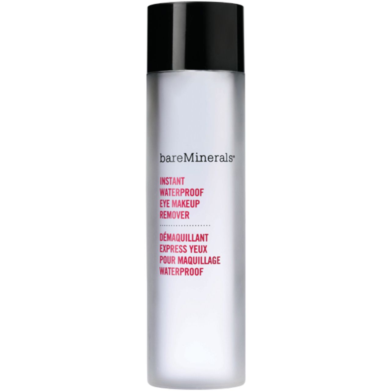 Zylindrische Flasche mit schwarzem Deckel. Text: bareMinerals, Instant Waterproof Eye Makeup Remover, Démaquillant Express Yeux.
