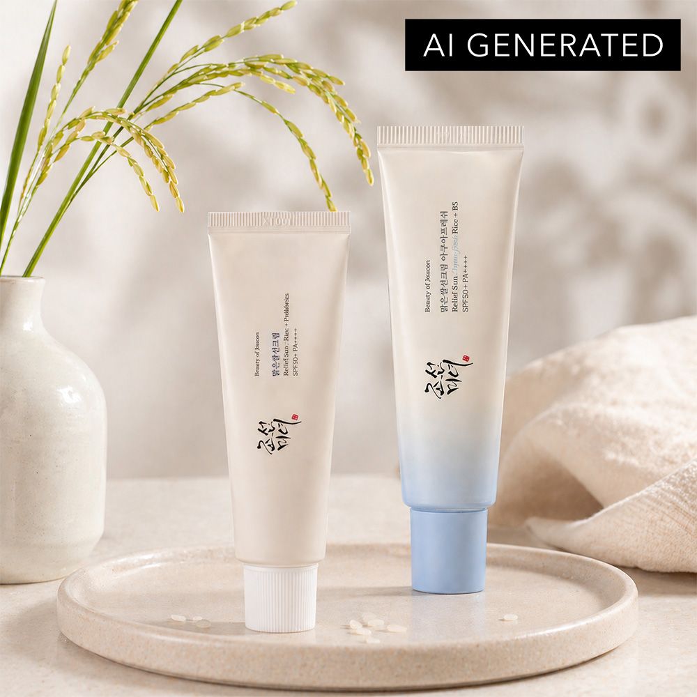Zwei Tuben Beauty of Joseon Sonnenschutzcreme auf einem Teller mit Reispflanzen.