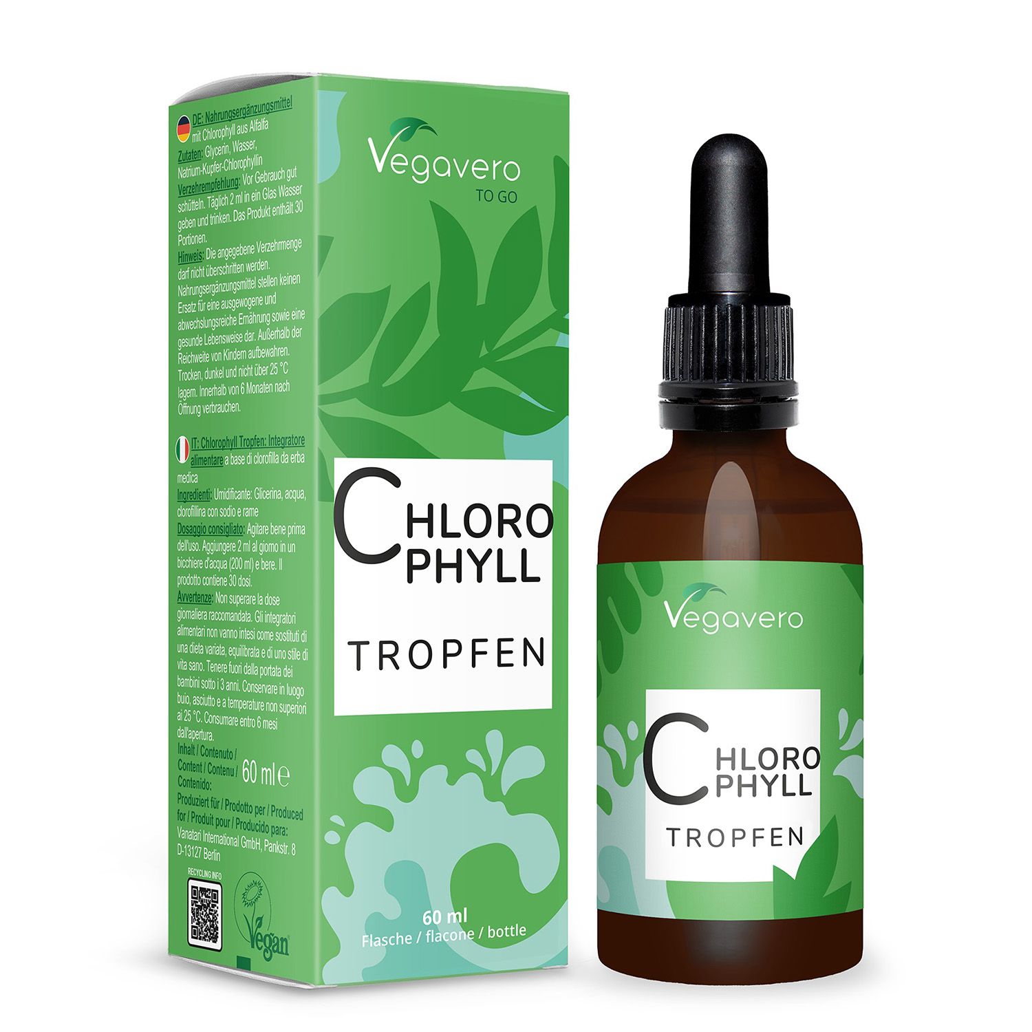 Braune Glasflasche mit grüner Etikettierung und Tropfer. Daneben eine grüne Schachtel mit Produktinformationen. Beide zeigen den Schriftzug Chlorophyll Tropfen.