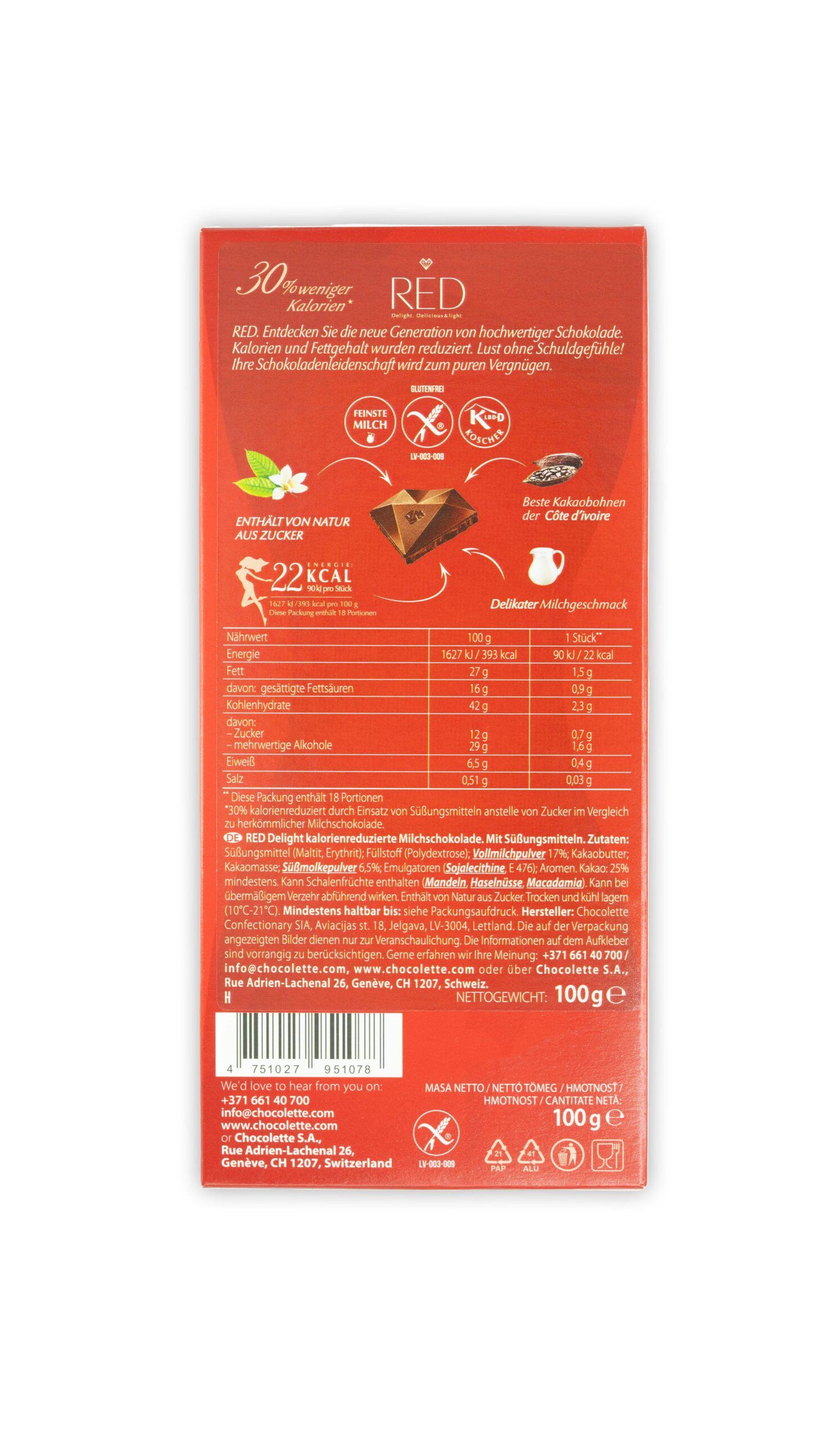 Rote Schokoladenverpackung mit Nährwertangaben. Enthält Informationen zu Kalorien, Fett und Zutaten. Glutenfrei, ohne Zuckerzusatz, 100g.