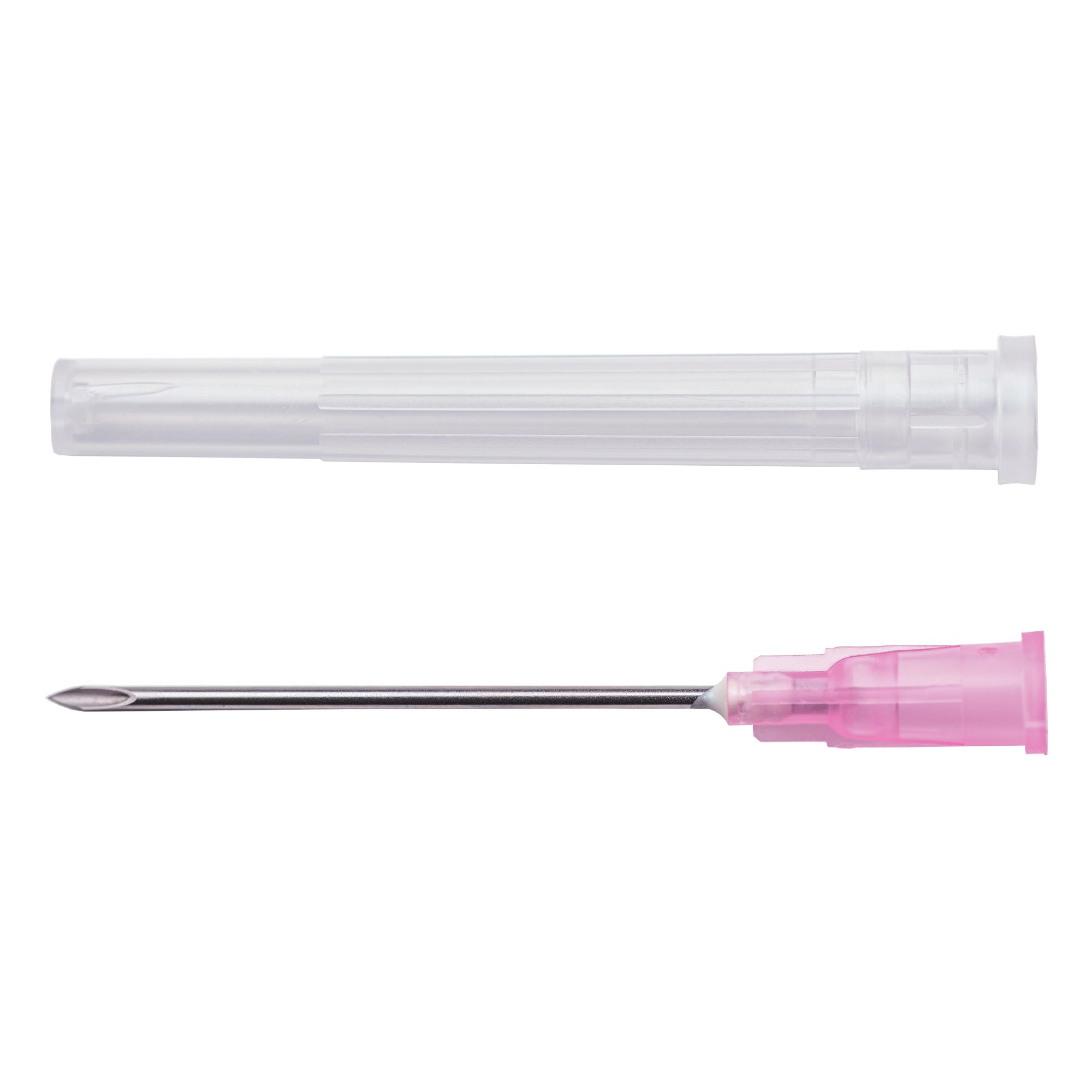 Injektionsnadel mit rosa Ansatz und transparente Schutzkappe. Metallnadel sichtbar.