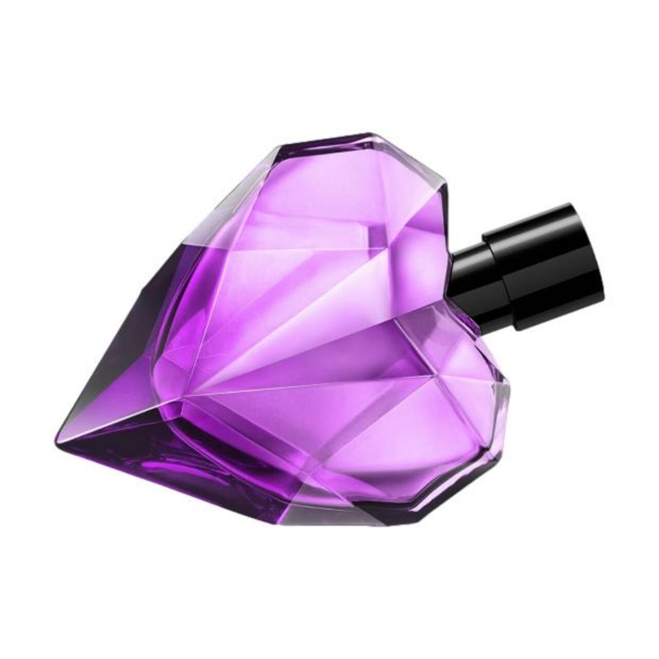 Violett-farbiger Flakon in Herzform mit schwarzem Zerstäuber. Geometrisches Design.