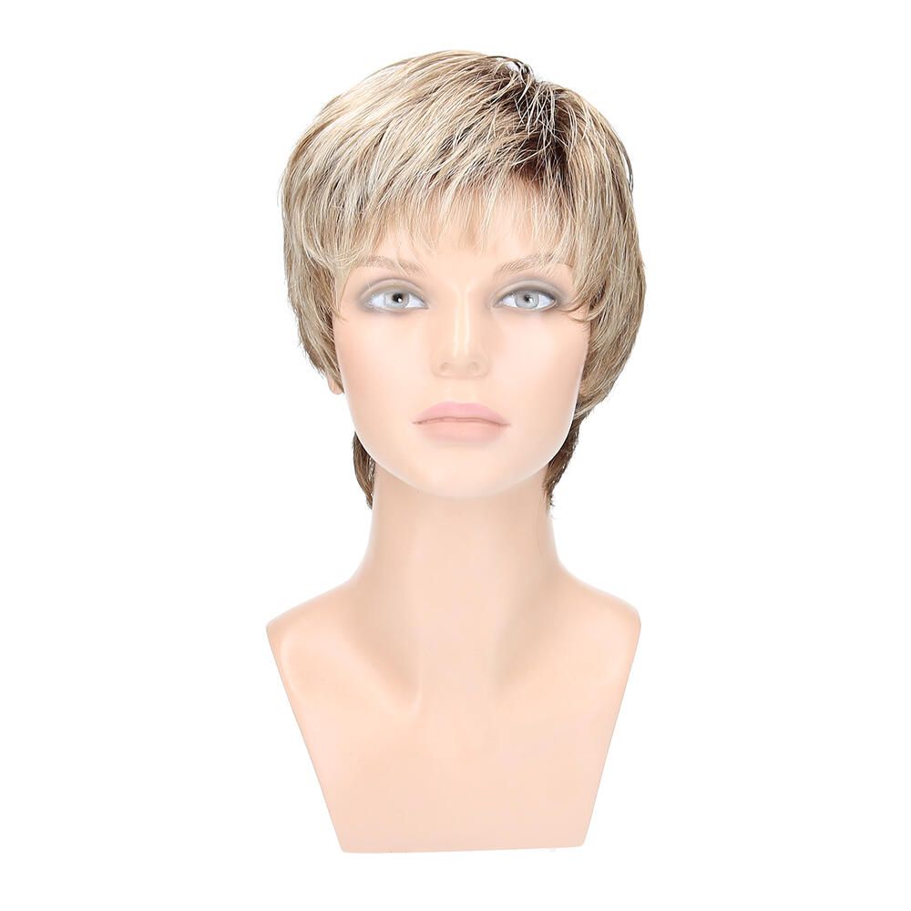 Perücke Charly von trendhair, blondiertes Kunsthaar, auf einem Schaufensterkopf. Frontansicht.