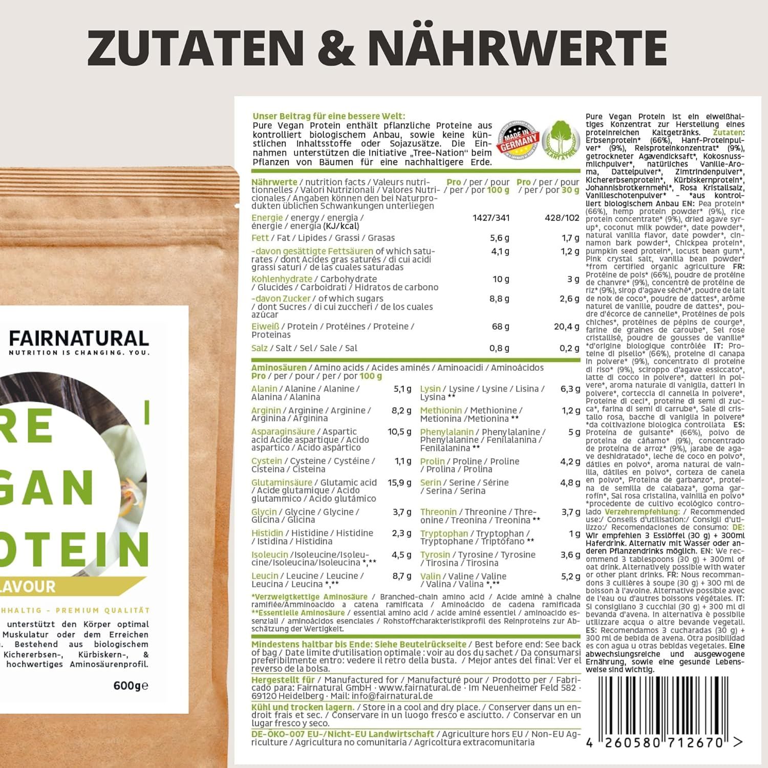 Protein-Pulver-Beutel mit Nährwertangaben. Text: Pure Vegan Protein, 600g, Aminosäuren, Zutaten, Nährwerte.