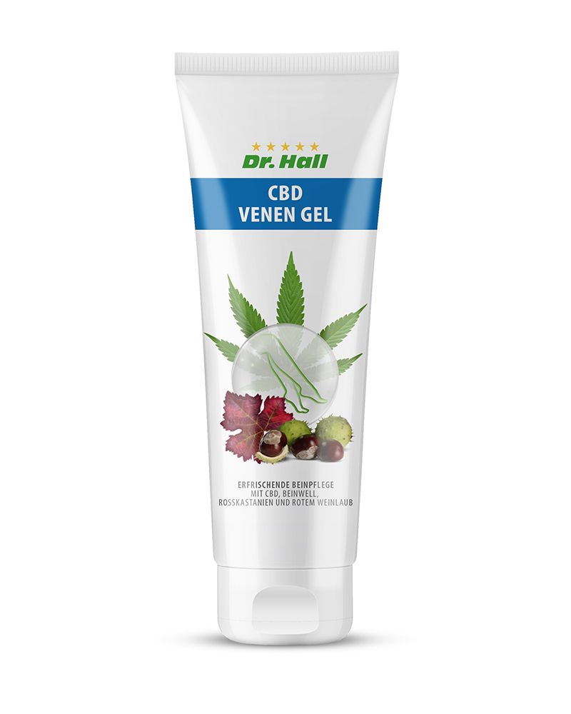 Weiße Tube mit blauem Streifen und Produktnamen. Abbildung von Blättern, Kastanien und Trauben. Text: CBD Venen Gel, erfrischende Beinpflege.