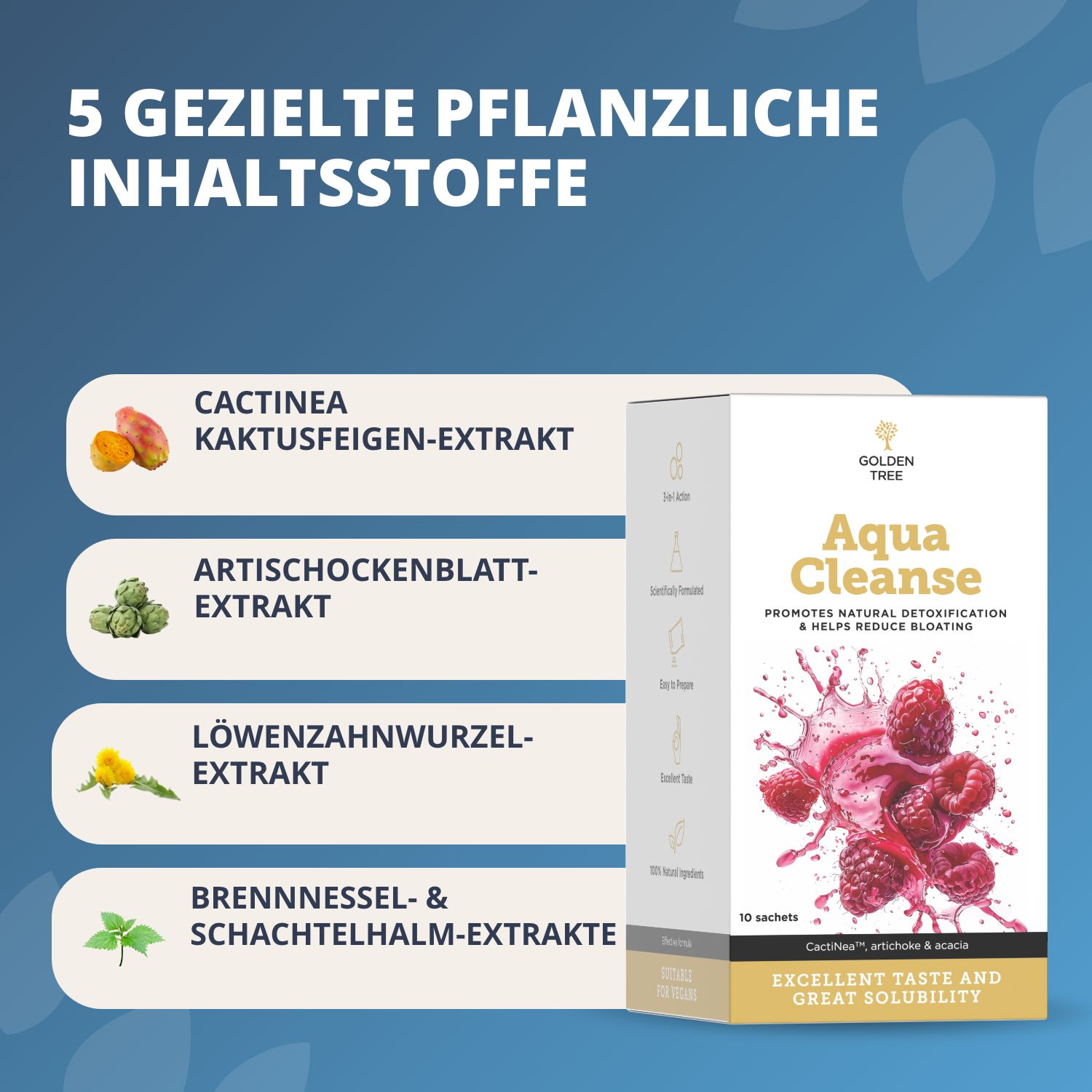 Golden Tree Aqua Cleanse: 5 gezielte pflanzliche Inhaltsstoffe, Kaktusfeigen-Extrakt, Artischockenblatt-Extrakt, Löwenzahnwurzel-Extrakt, Brennnessel- & Schachtelhalm-Extrakte.