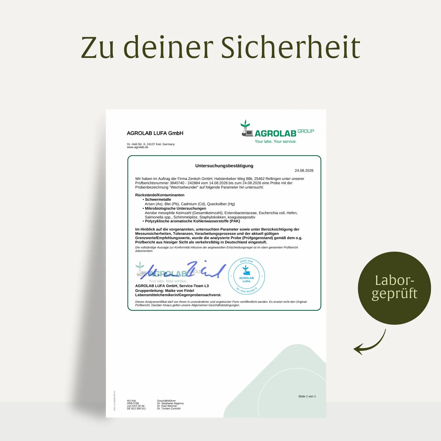 Laborprüfzertifikat für Wechsel Wunder von AGROLAB LUFA GmbH.