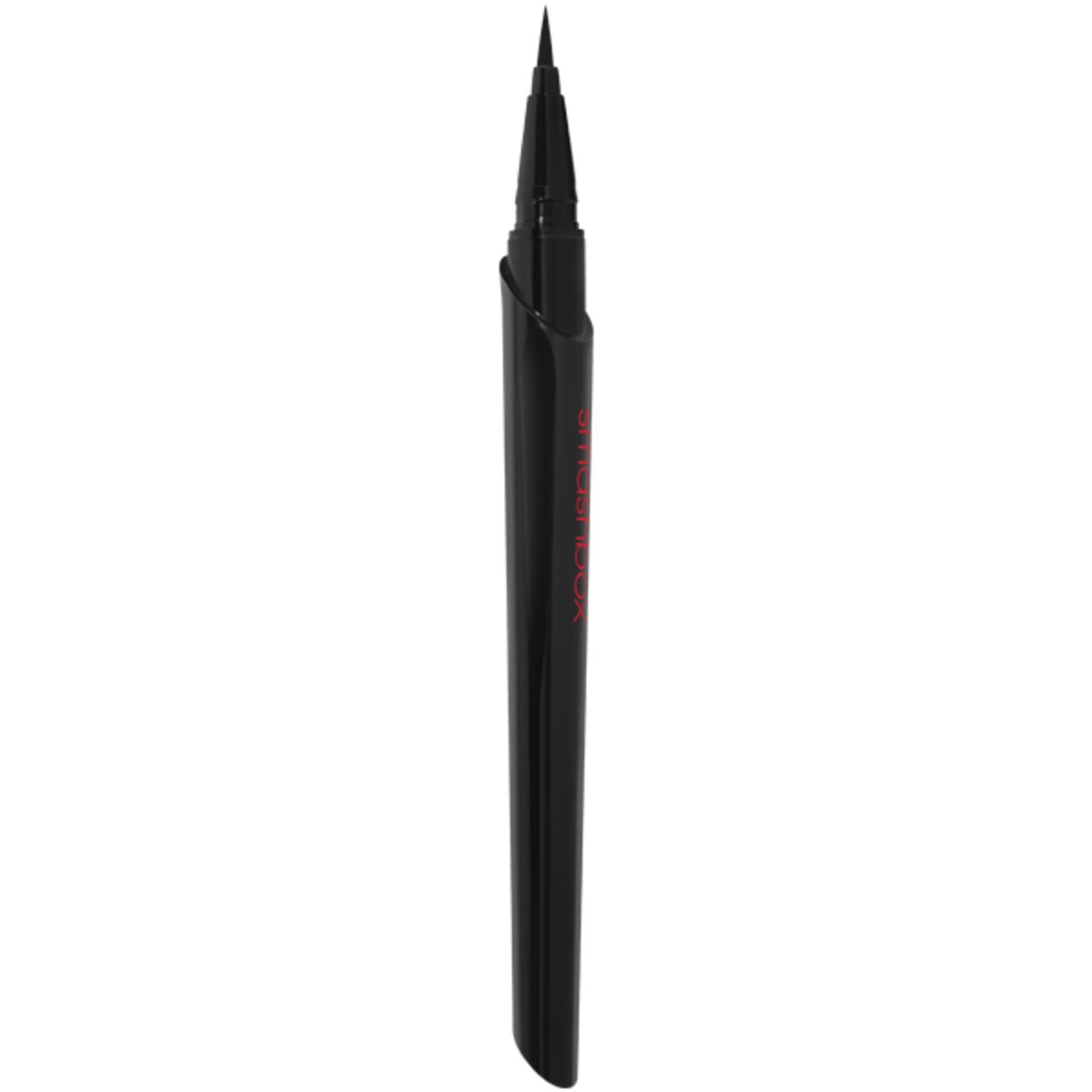 Schwarzer Eyeliner mit spitzer Spitze. Roter Schriftzug auf dem Stift. Schwarzer Stift mit roter Schrift. Vertikale Ansicht.