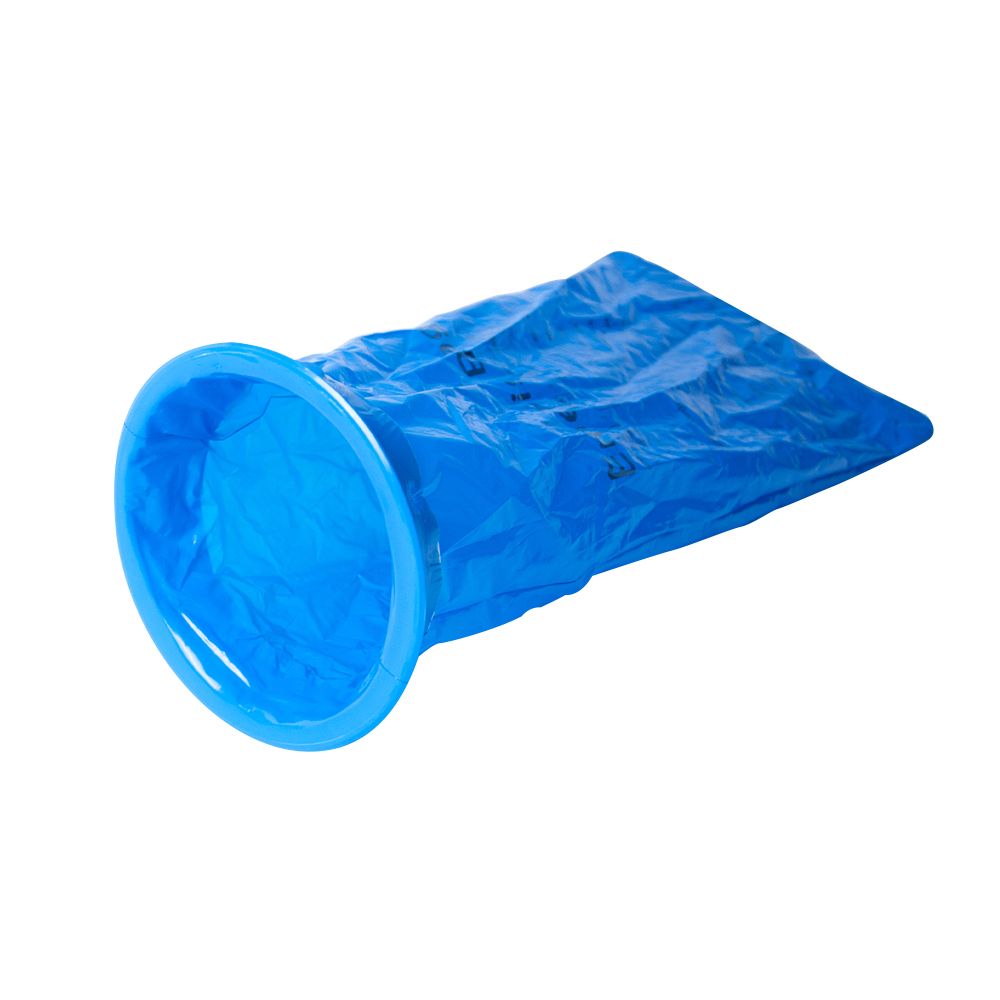 Ein blauer Spuckbeutel mit einem breiten blauen Ring oben. Der Beutel ist latexfrei und hat eine Aufnahmekapazität von 1,5 L.