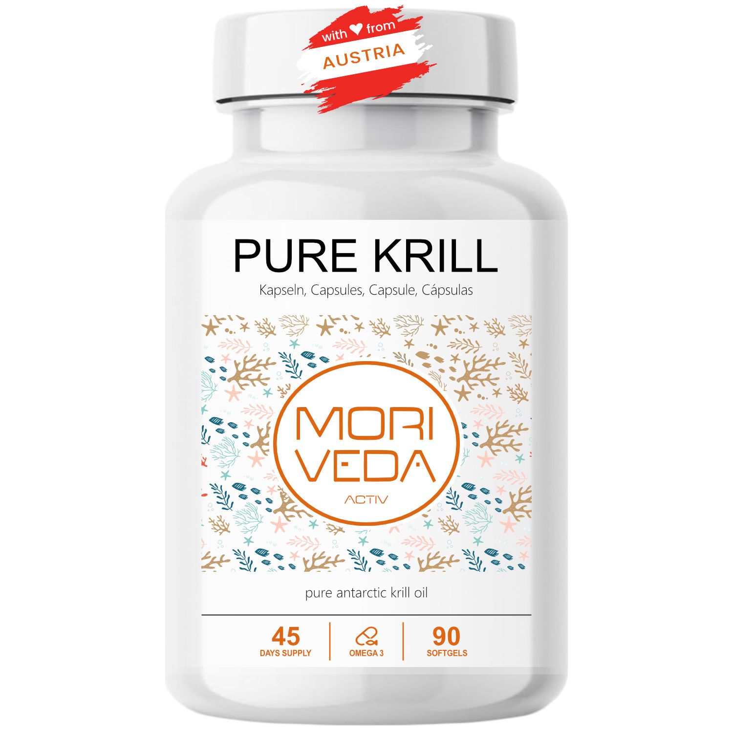 Weiße Flasche mit Kapseln. Aufschrift: Pure Krill, Moriveda Activ. 90 Softgels. Mit Herz-Aufkleber: Austria.