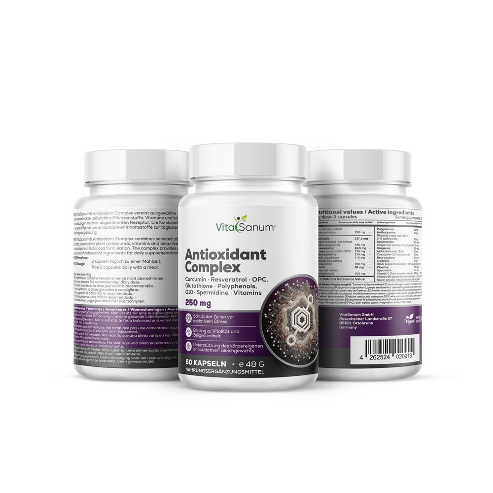 Drei Flaschen VitaSanum® Antioxidant Complex. Weiße Flaschen mit lila Etiketten. Aufschrift: 250 mg, 60 Kapseln. Logo.